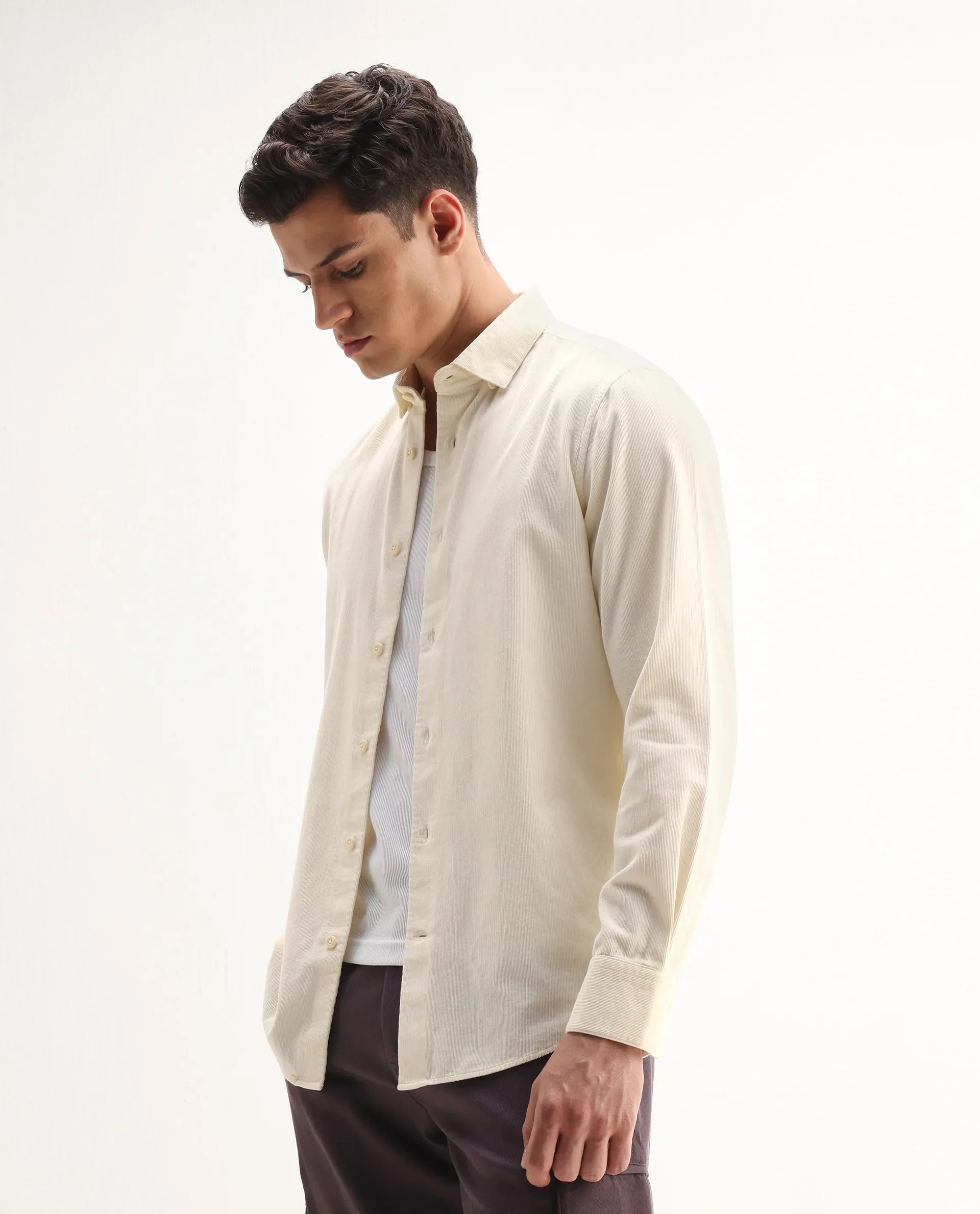 Rare Rabbit Men's Buita Off White Cotton Plain Regular Fit Full Sleeve Collared Shirt - Image 5