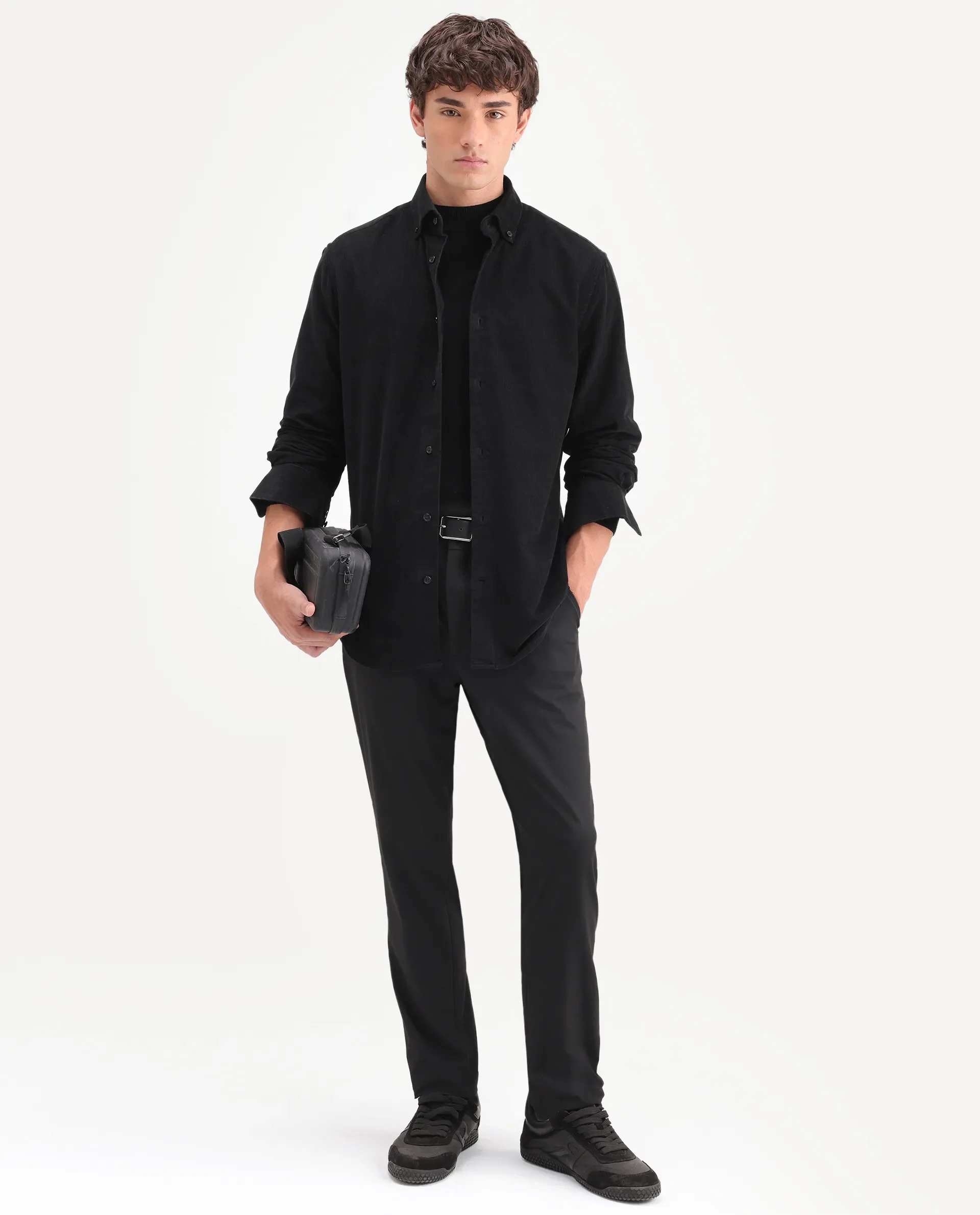Rare Rabbit Men's Buita-On Black Cotton Fabric Button-Down Collar Regular Fit Plain Shirt - Image 2