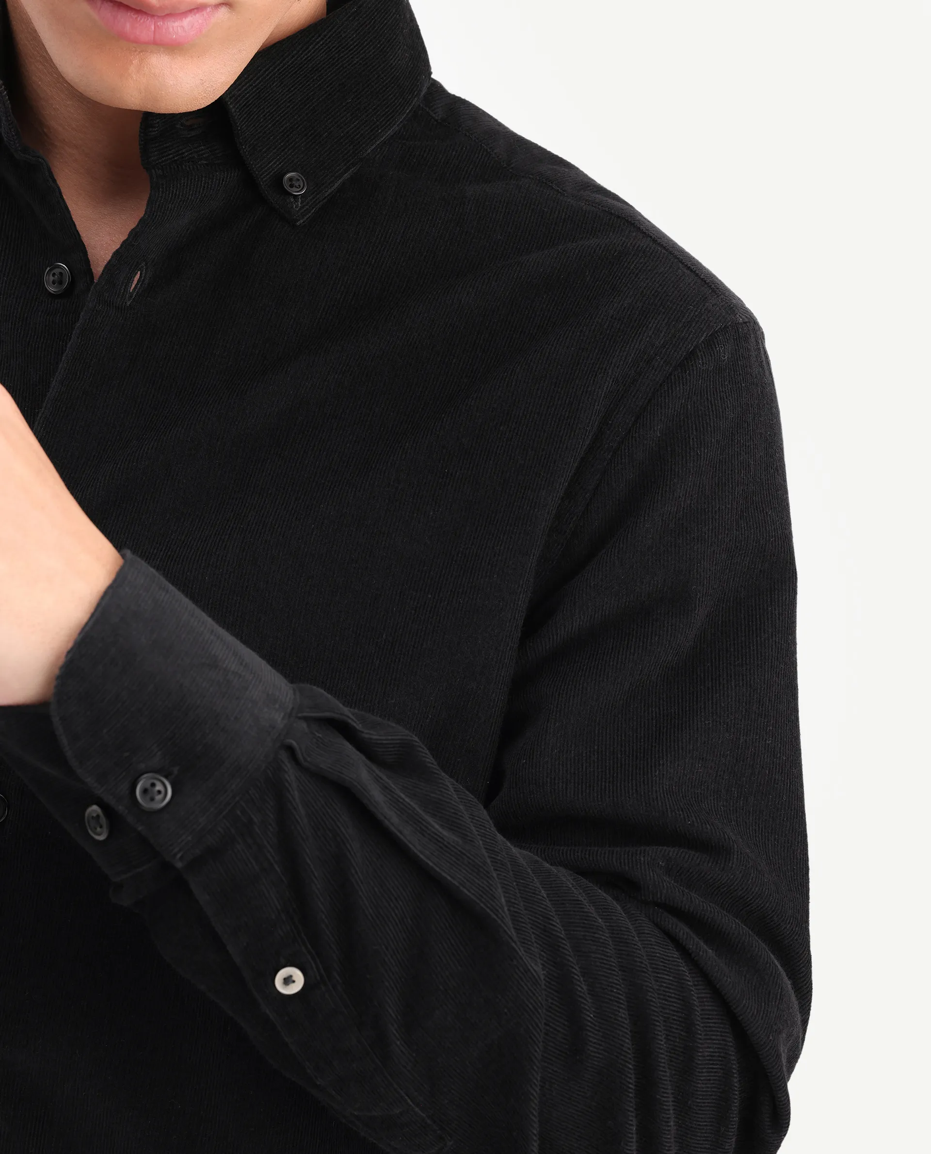 Rare Rabbit Men's Buita-On Black Cotton Fabric Button-Down Collar Regular Fit Plain Shirt - Image 3