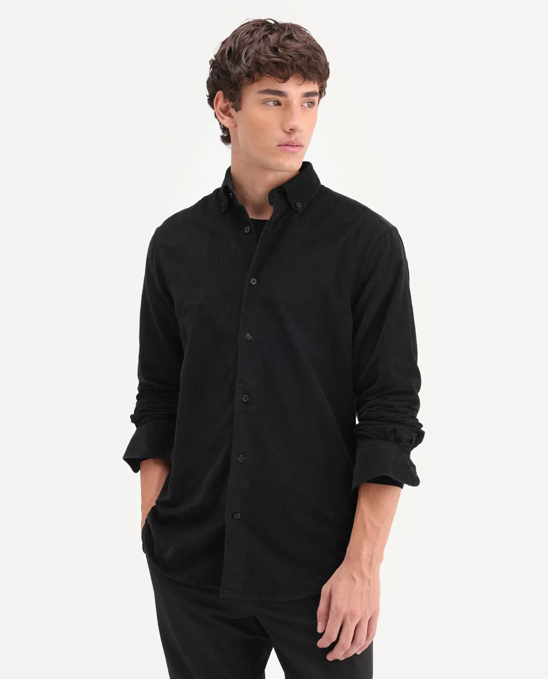 Rare Rabbit Men's Buita-On Black Cotton Fabric Button-Down Collar Regular Fit Plain Shirt - Image 4