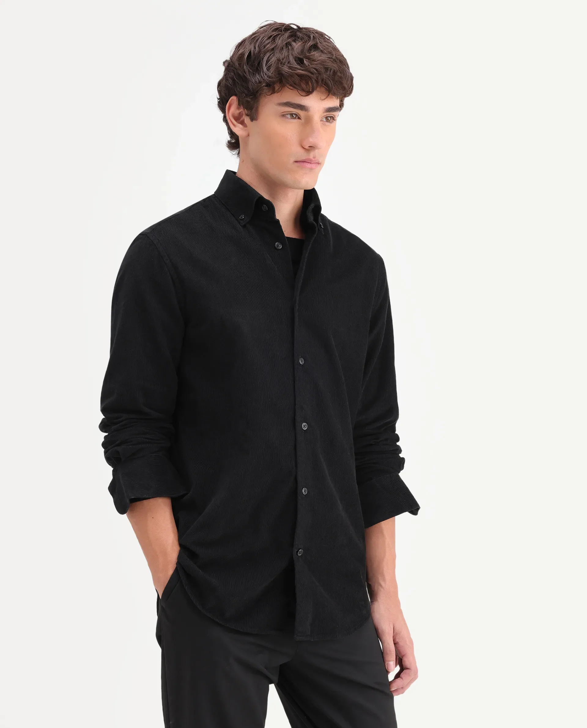 Rare Rabbit Men's Buita-On Black Cotton Fabric Button-Down Collar Regular Fit Plain Shirt - Image 5