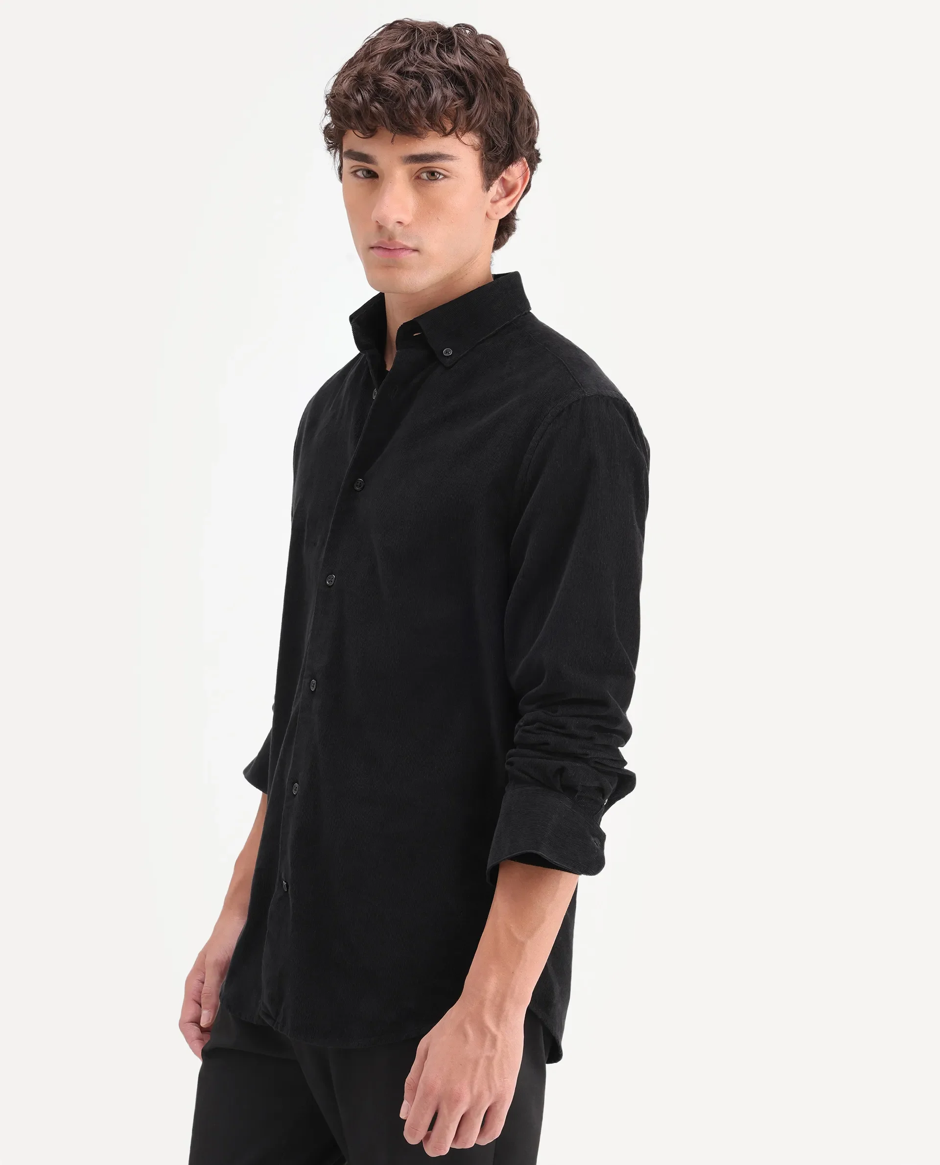 Rare Rabbit Men's Buita-On Black Cotton Fabric Button-Down Collar Regular Fit Plain Shirt - Image 6