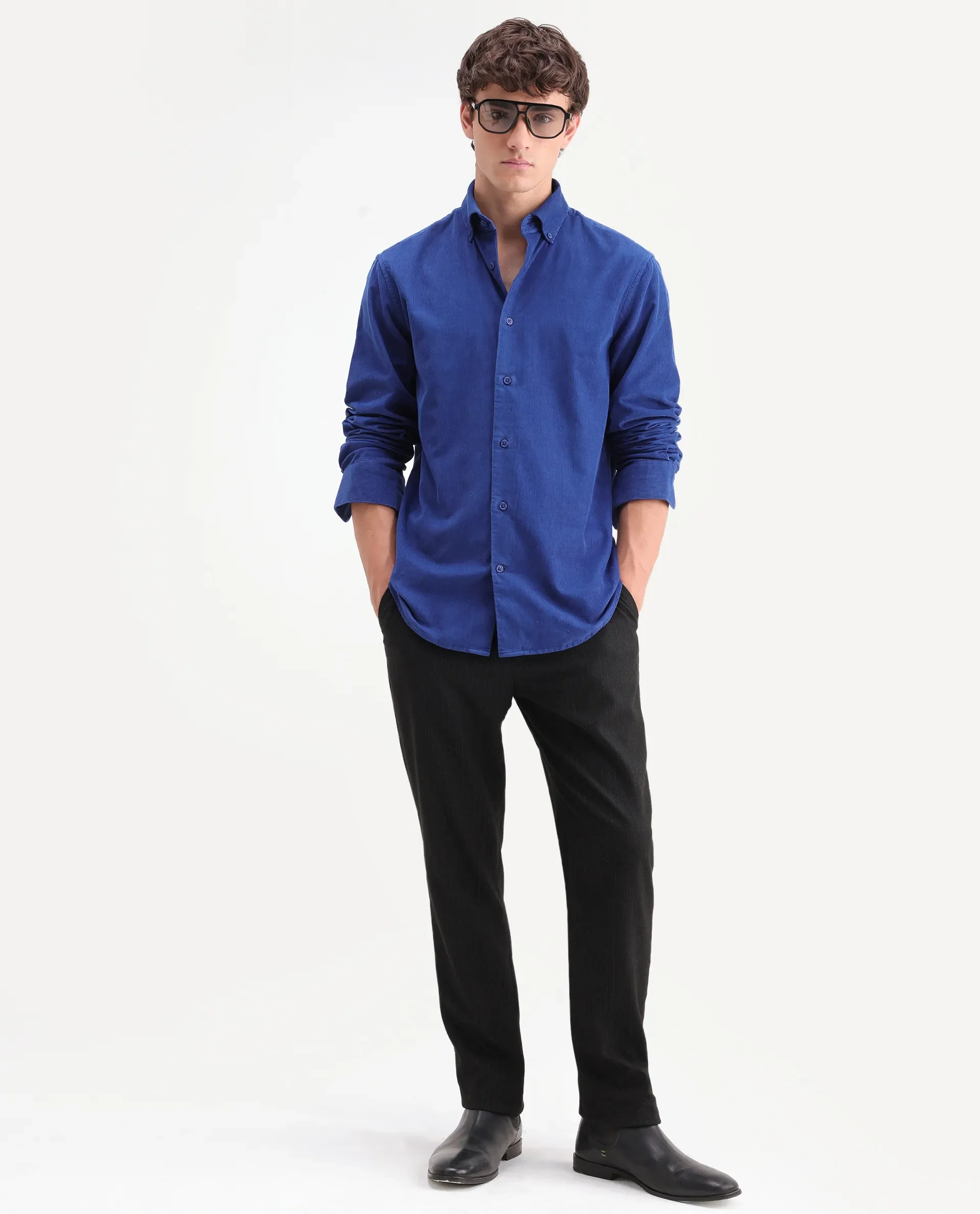 Rare Rabbit Men's Buita-On Blue Cotton Fabric Button-Down Collar Regular Fit Plain Shirt - Image 2