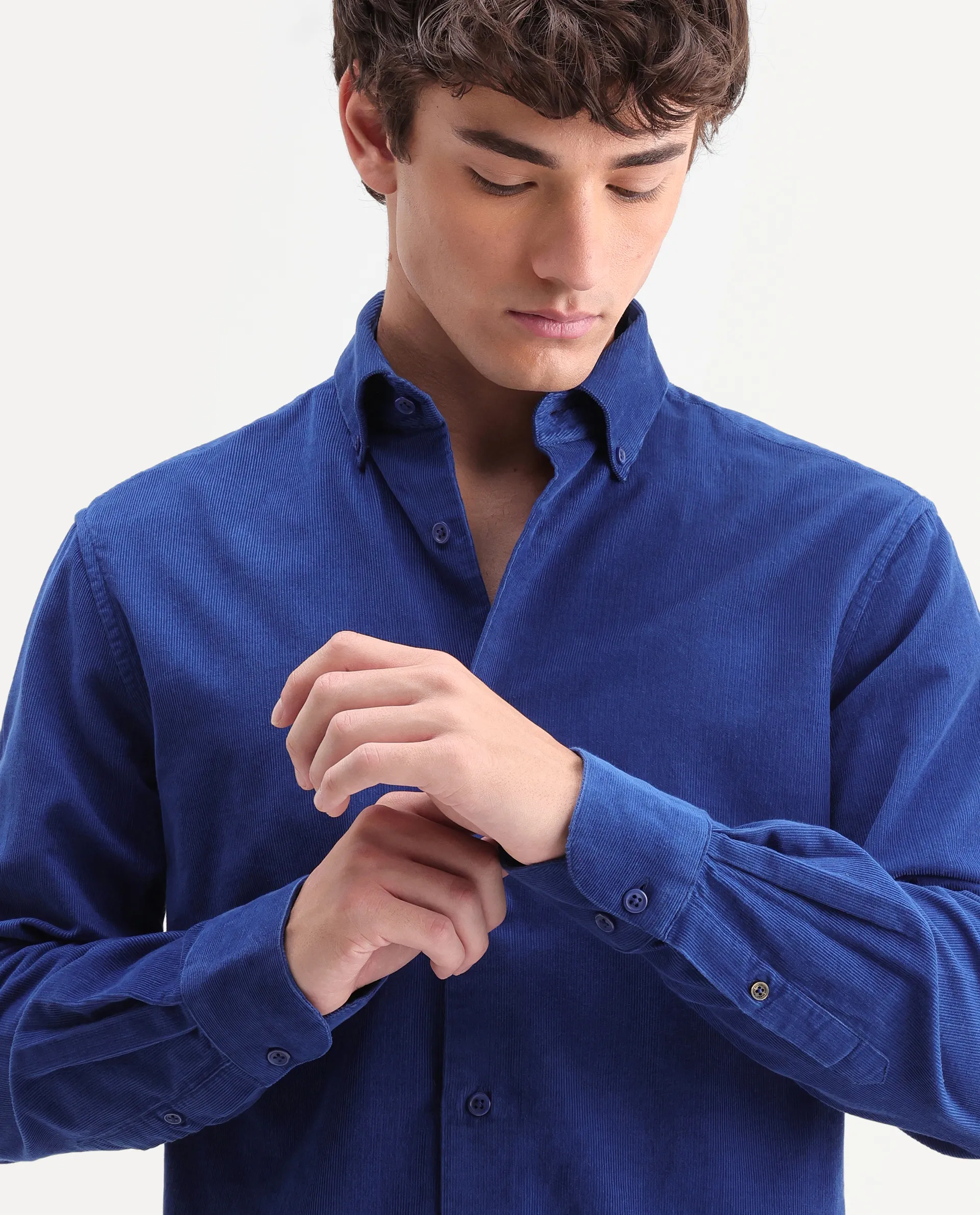Rare Rabbit Men's Buita-On Blue Cotton Fabric Button-Down Collar Regular Fit Plain Shirt - Image 3