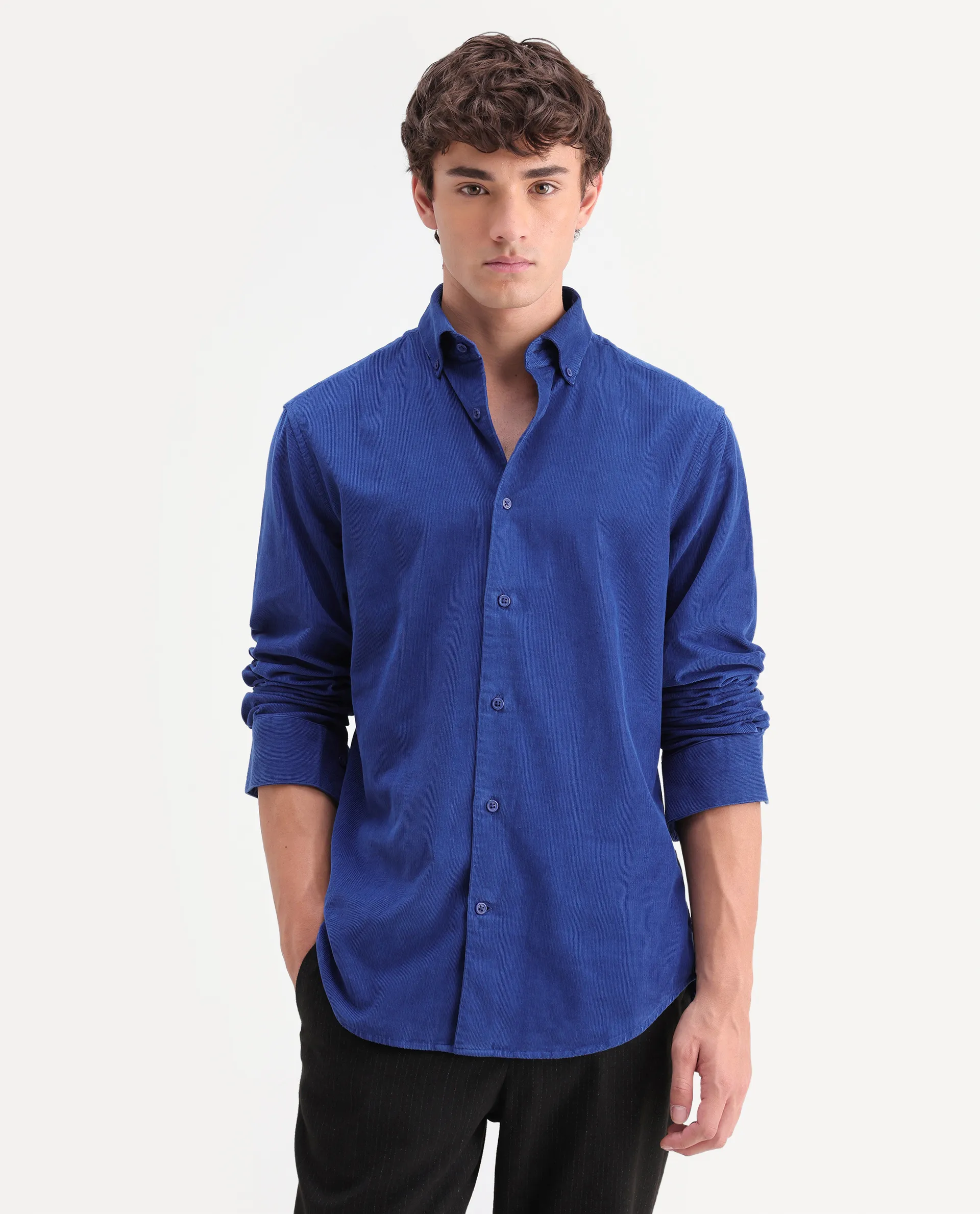 Rare Rabbit Men's Buita-On Blue Cotton Fabric Button-Down Collar Regular Fit Plain Shirt - Image 4