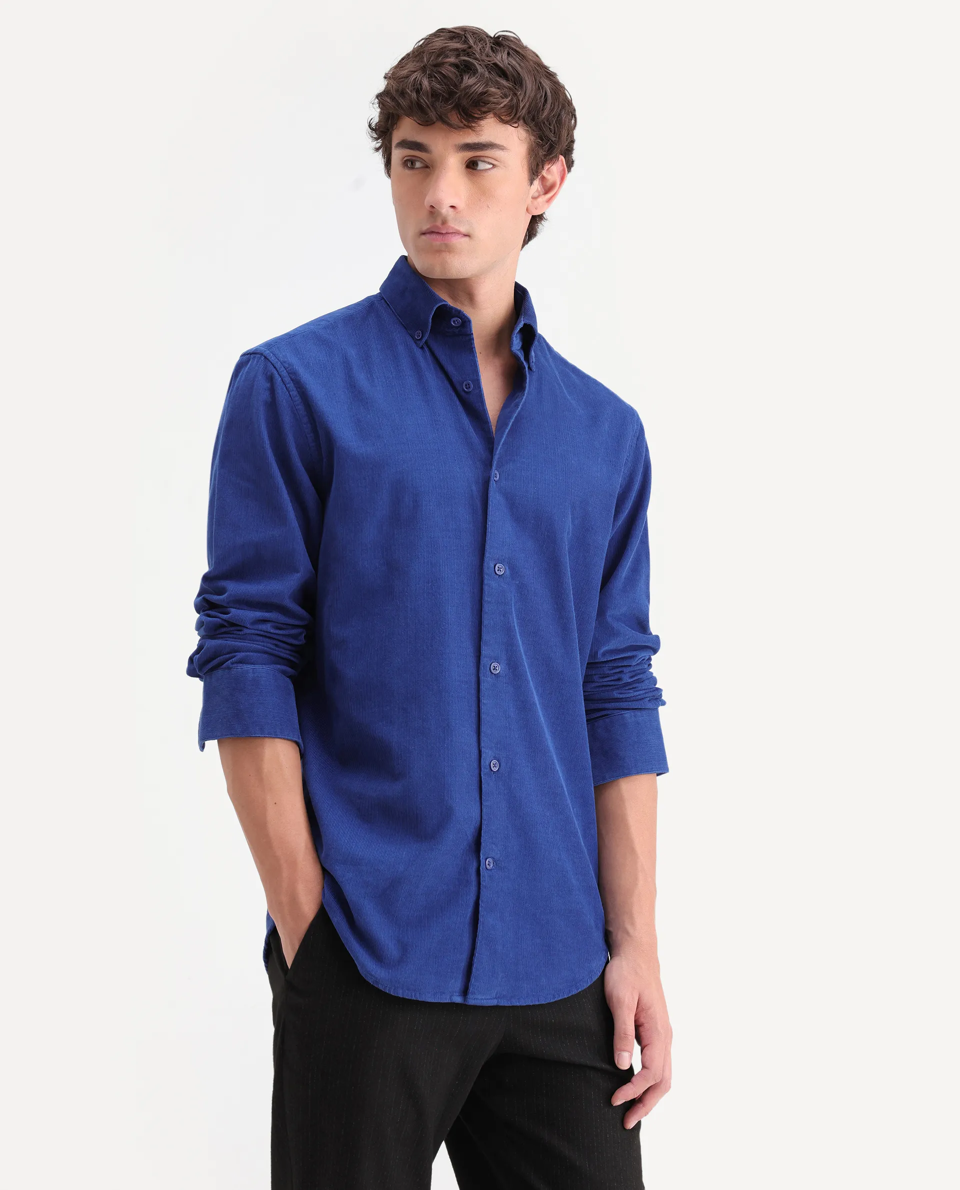 Rare Rabbit Men's Buita-On Blue Cotton Fabric Button-Down Collar Regular Fit Plain Shirt - Image 5