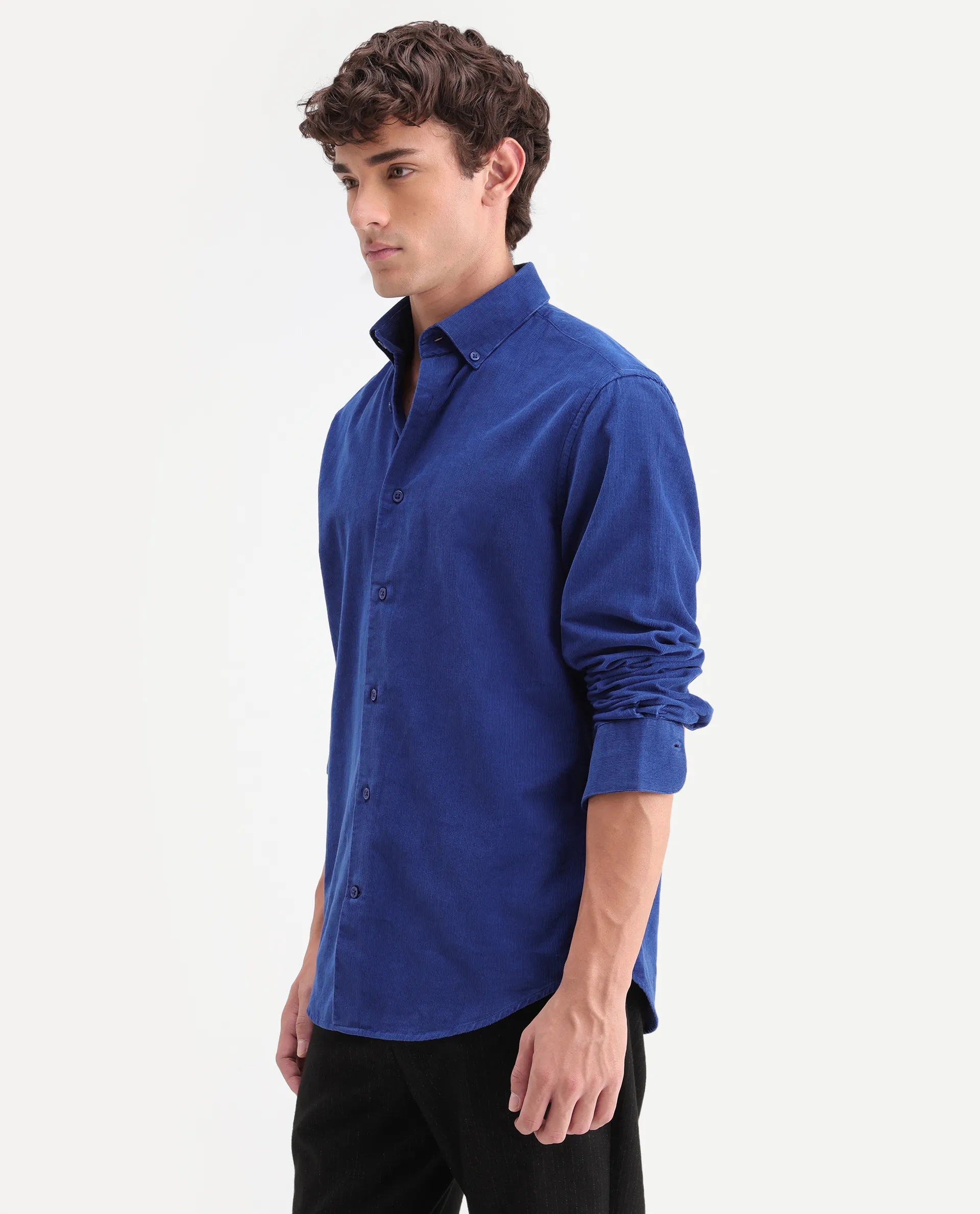 Rare Rabbit Men's Buita-On Blue Cotton Fabric Button-Down Collar Regular Fit Plain Shirt - Image 6