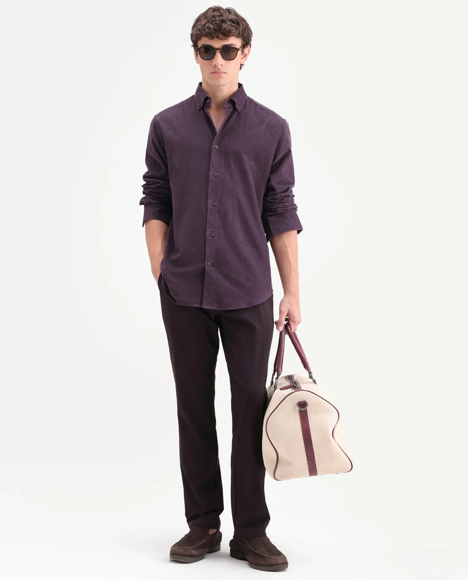 Rare Rabbit Men's Buita-On Dark Purple Cotton Fabric Button-Down Collar Regular Fit Plain Shirt - Image 2