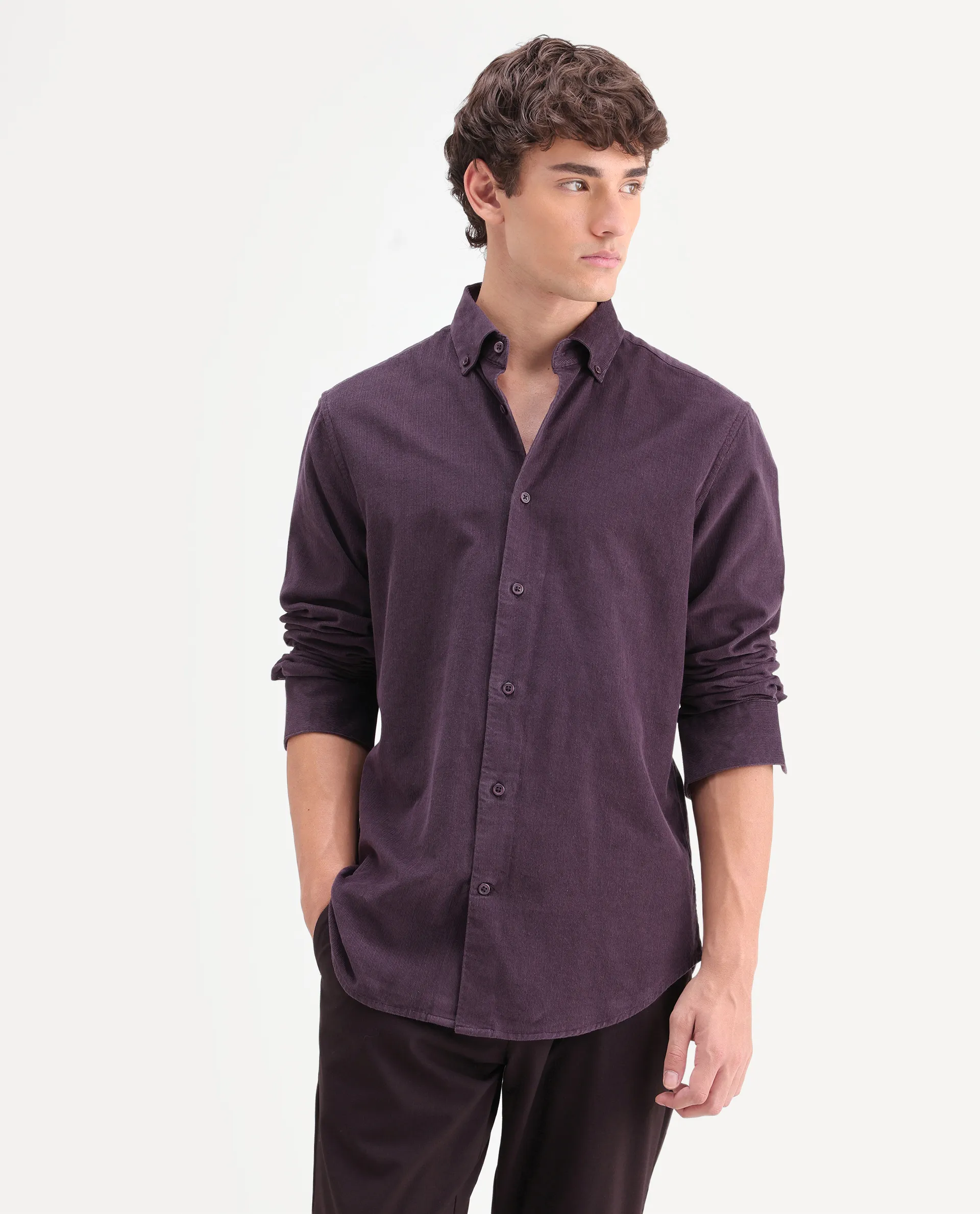 Rare Rabbit Men's Buita-On Dark Purple Cotton Fabric Button-Down Collar Regular Fit Plain Shirt - Image 4