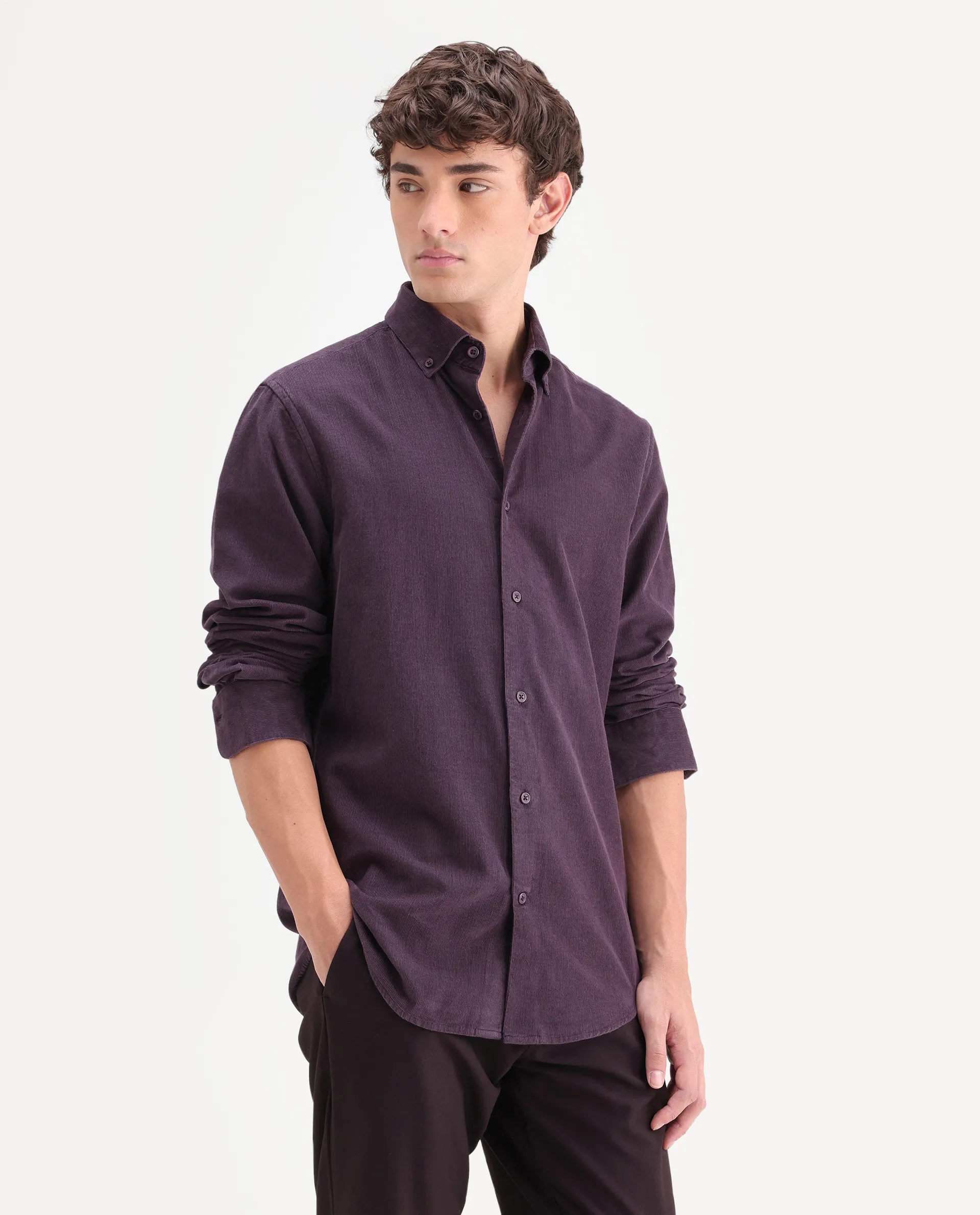 Rare Rabbit Men's Buita-On Dark Purple Cotton Fabric Button-Down Collar Regular Fit Plain Shirt - Image 5