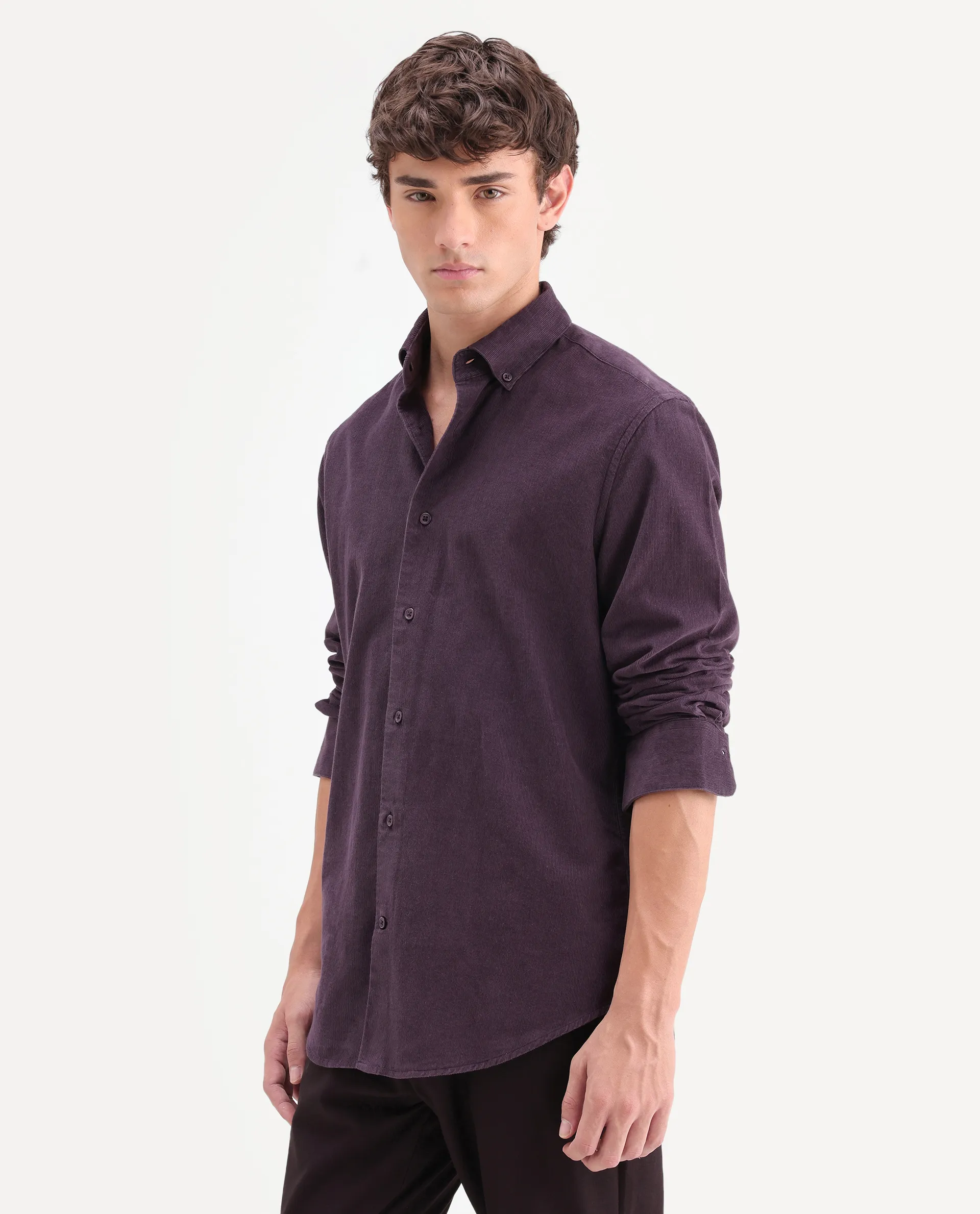 Rare Rabbit Men's Buita-On Dark Purple Cotton Fabric Button-Down Collar Regular Fit Plain Shirt - Image 6