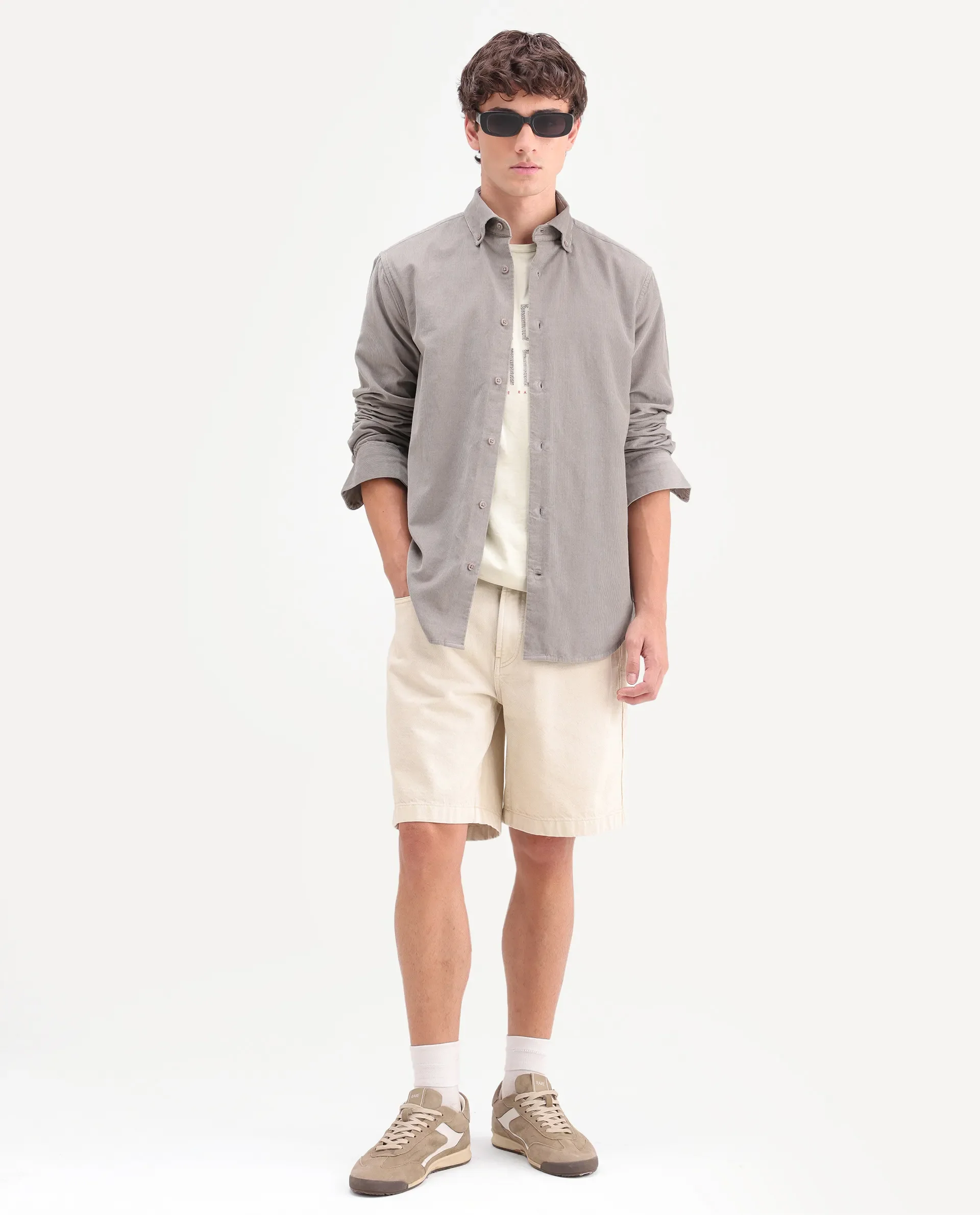 Rare Rabbit Men's Buita-On Dusky Grey Cotton Fabric Button-Down Collar Regular Fit Plain Shirt - Image 2