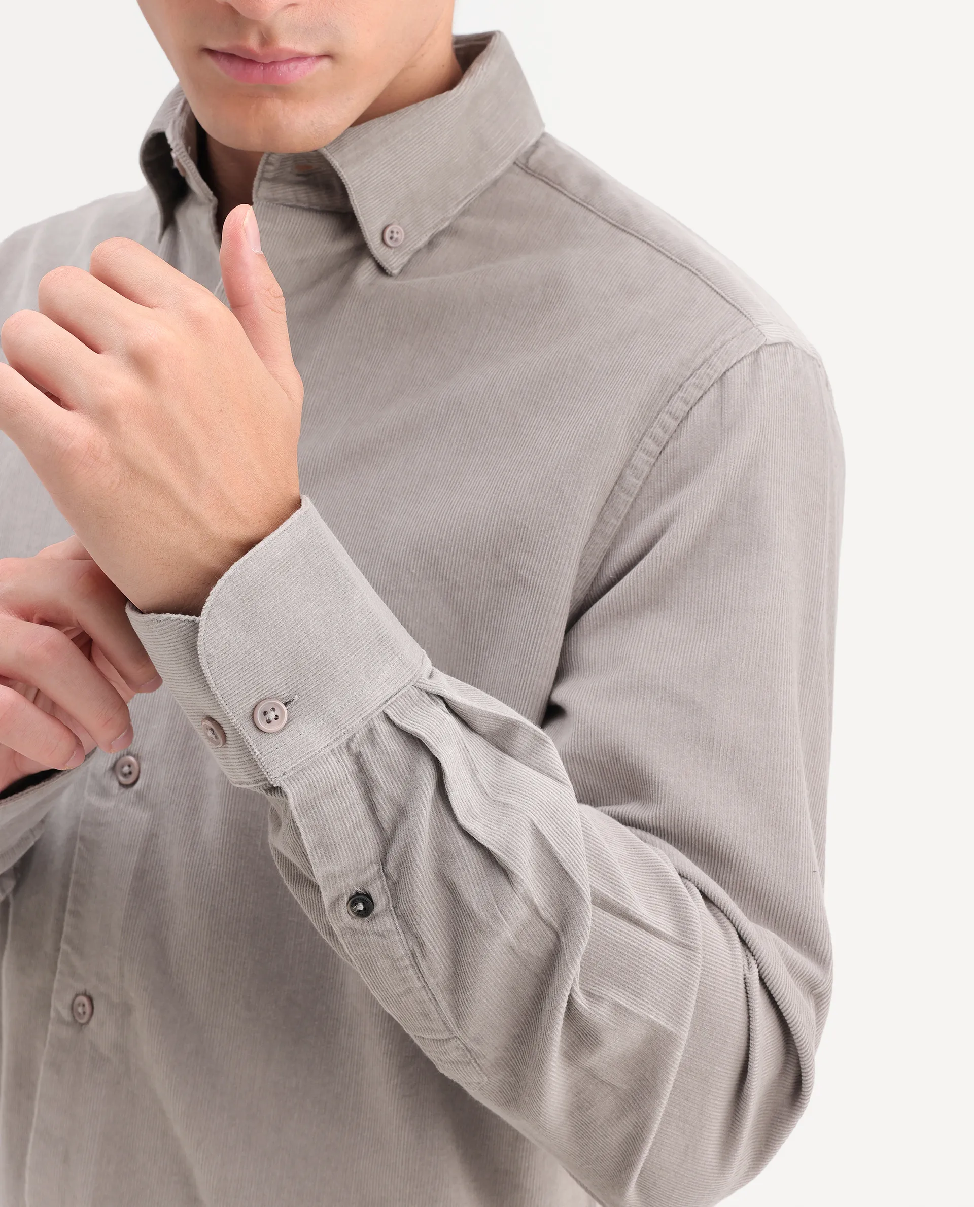 Rare Rabbit Men's Buita-On Dusky Grey Cotton Fabric Button-Down Collar Regular Fit Plain Shirt - Image 3