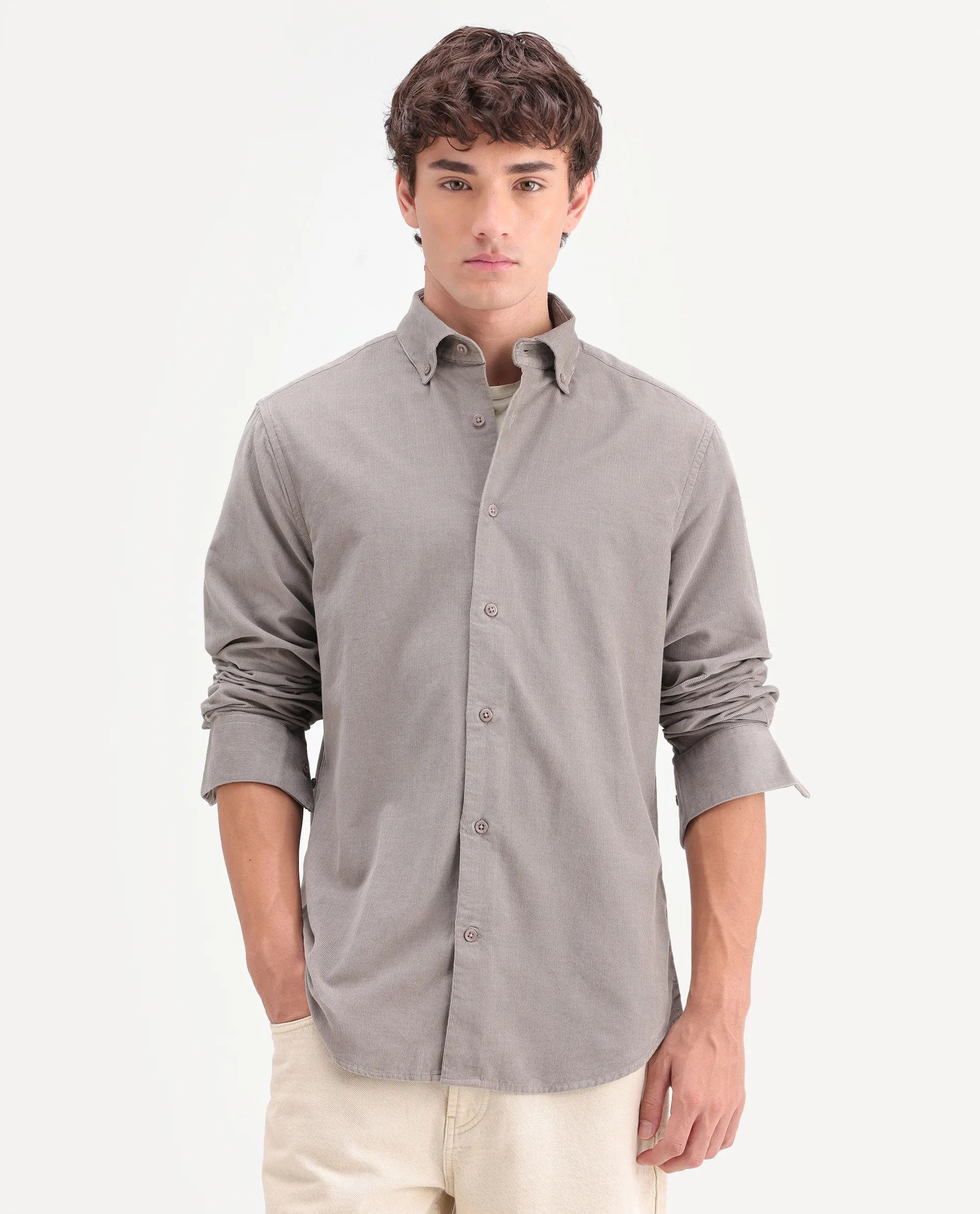 Rare Rabbit Men's Buita-On Dusky Grey Cotton Fabric Button-Down Collar Regular Fit Plain Shirt - Image 4