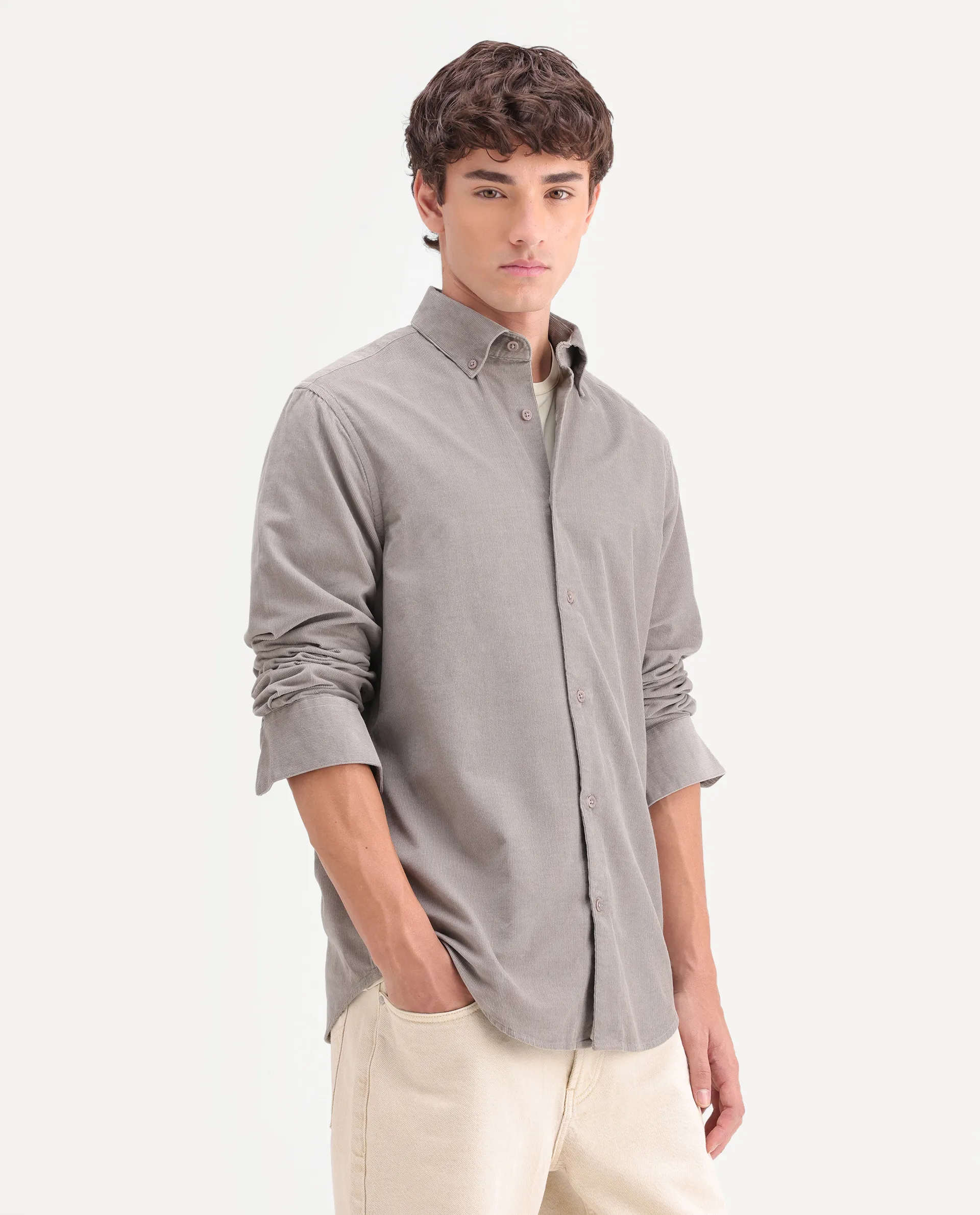 Rare Rabbit Men's Buita-On Dusky Grey Cotton Fabric Button-Down Collar Regular Fit Plain Shirt - Image 5