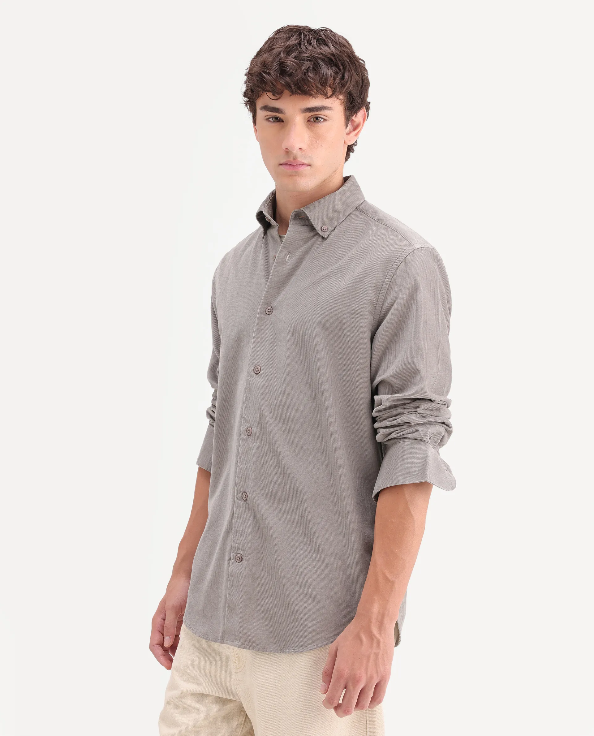 Rare Rabbit Men's Buita-On Dusky Grey Cotton Fabric Button-Down Collar Regular Fit Plain Shirt - Image 6