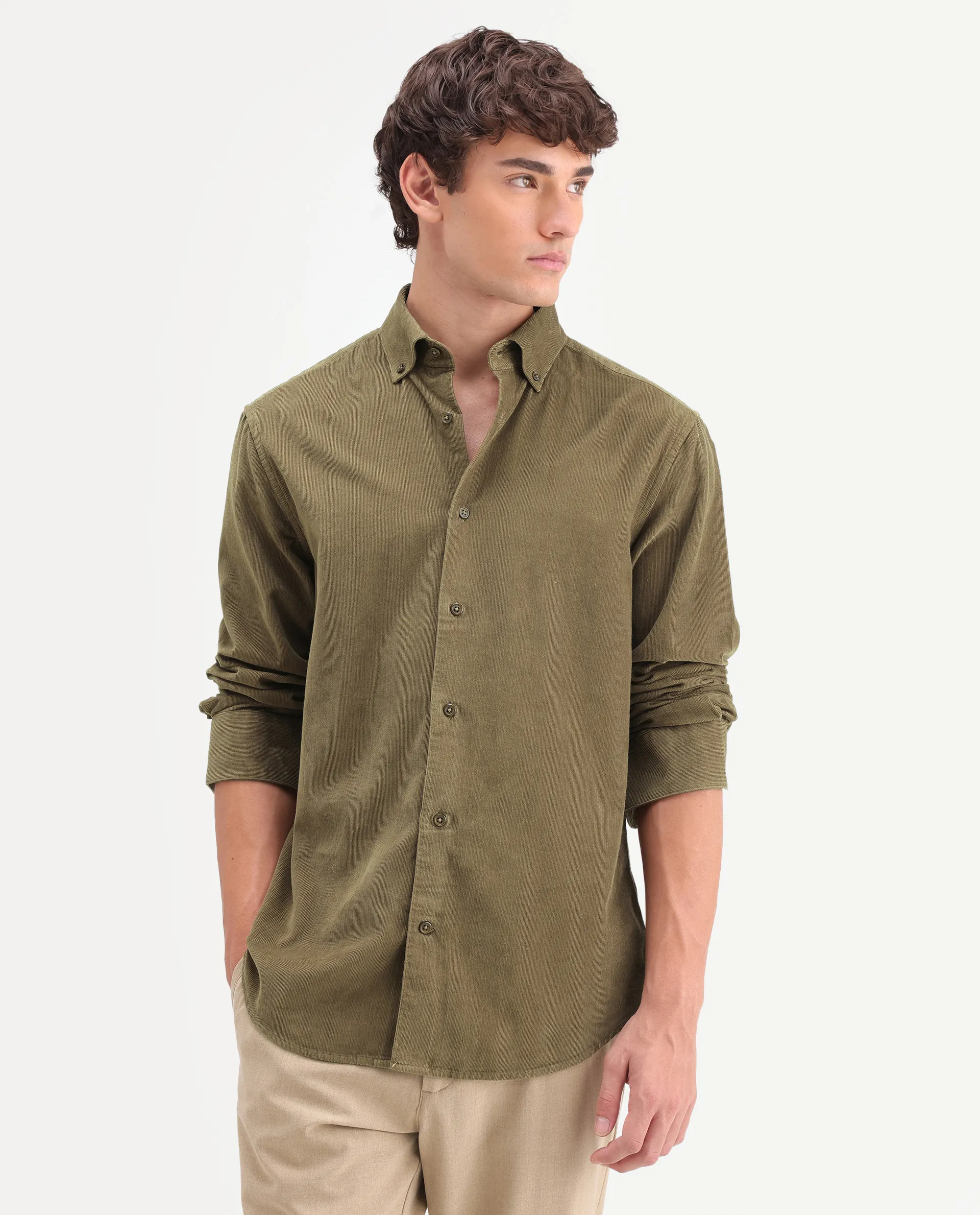 Rare Rabbit Men's Buita-On Light Green Cotton Fabric Button-Down Collar Regular Fit Plain Shirt - Image 4