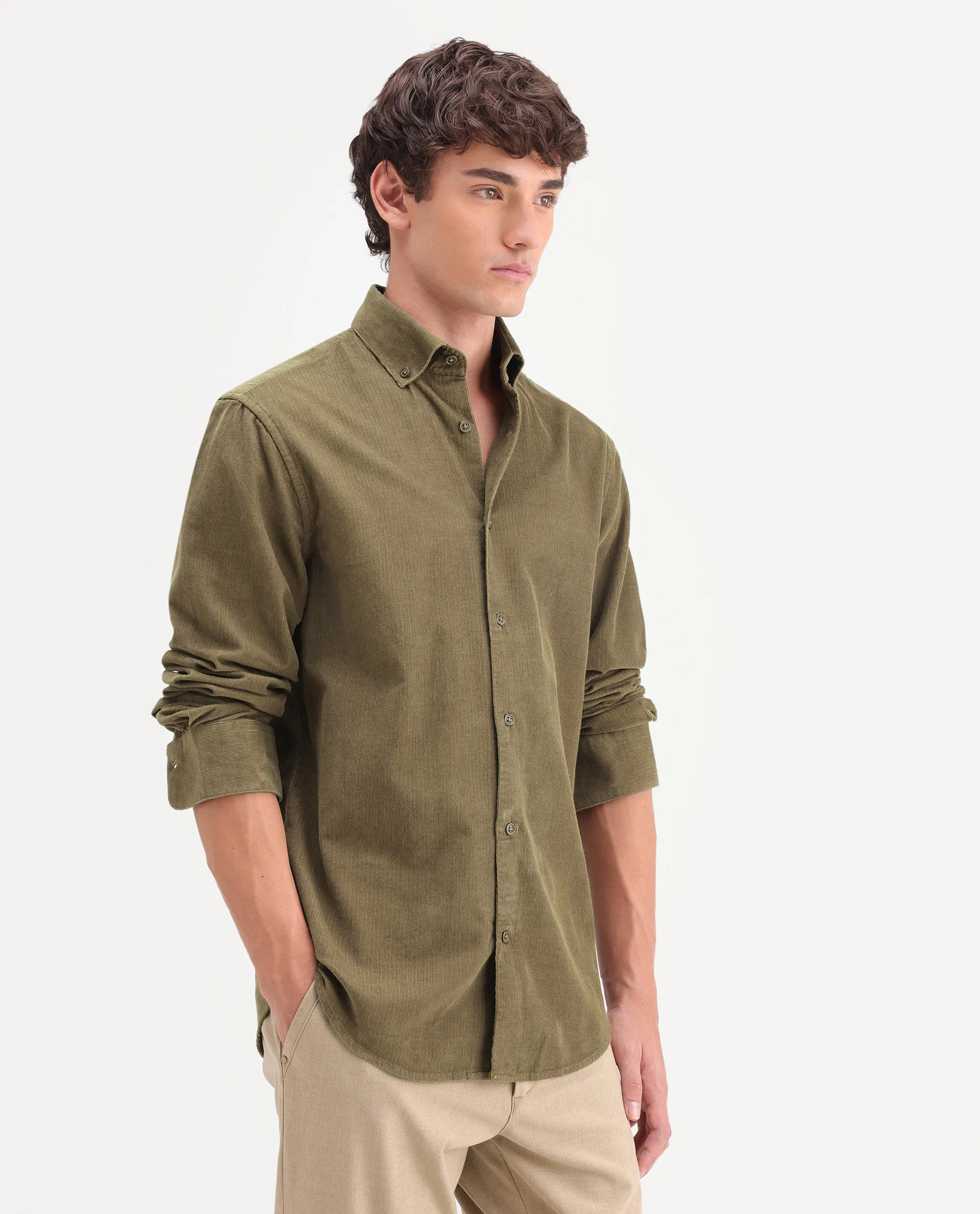 Rare Rabbit Men's Buita-On Light Green Cotton Fabric Button-Down Collar Regular Fit Plain Shirt - Image 5