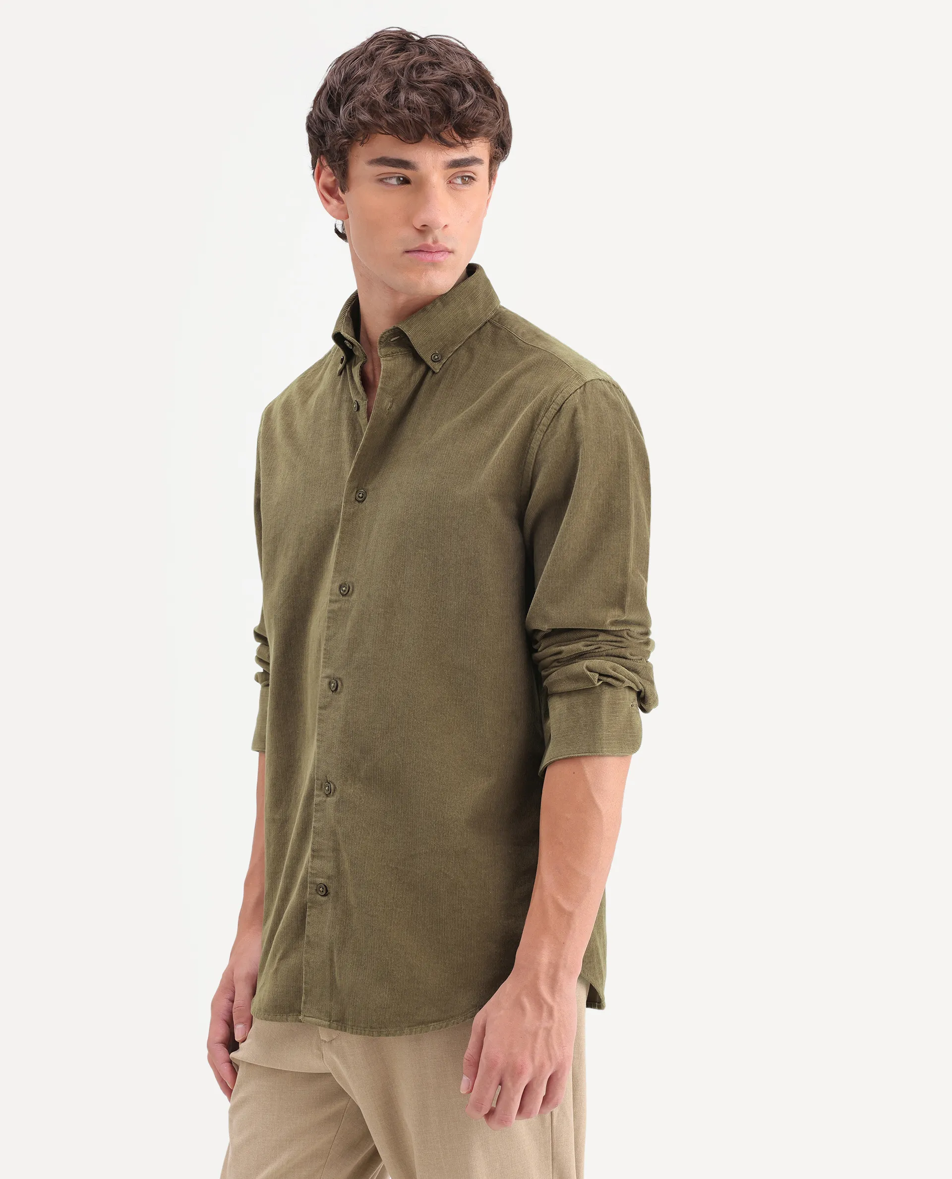 Rare Rabbit Men's Buita-On Light Green Cotton Fabric Button-Down Collar Regular Fit Plain Shirt - Image 6