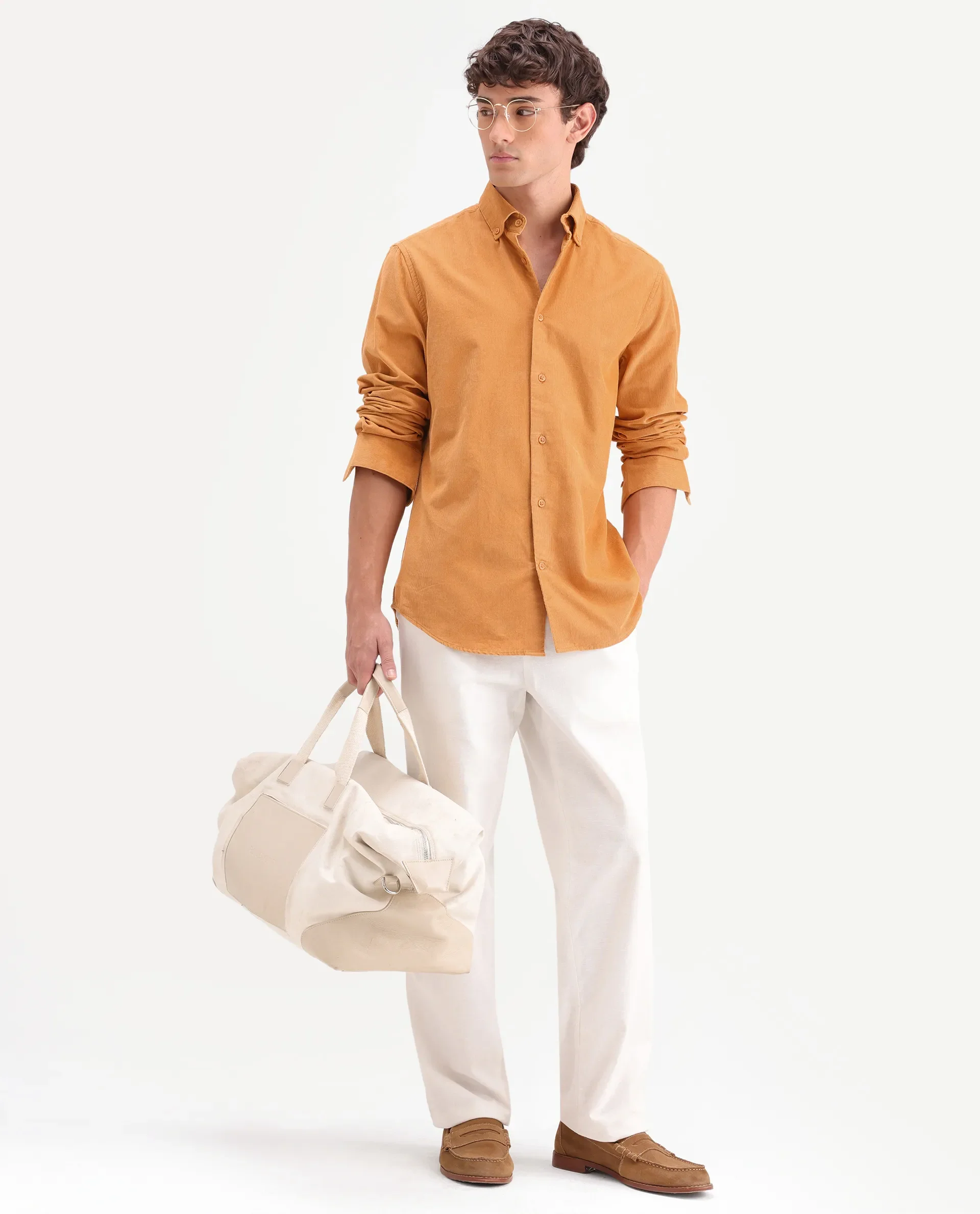 Rare Rabbit Men's Buita-On Mustard Cotton Fabric Button-Down Collar Regular Fit Plain Shirt - Image 2