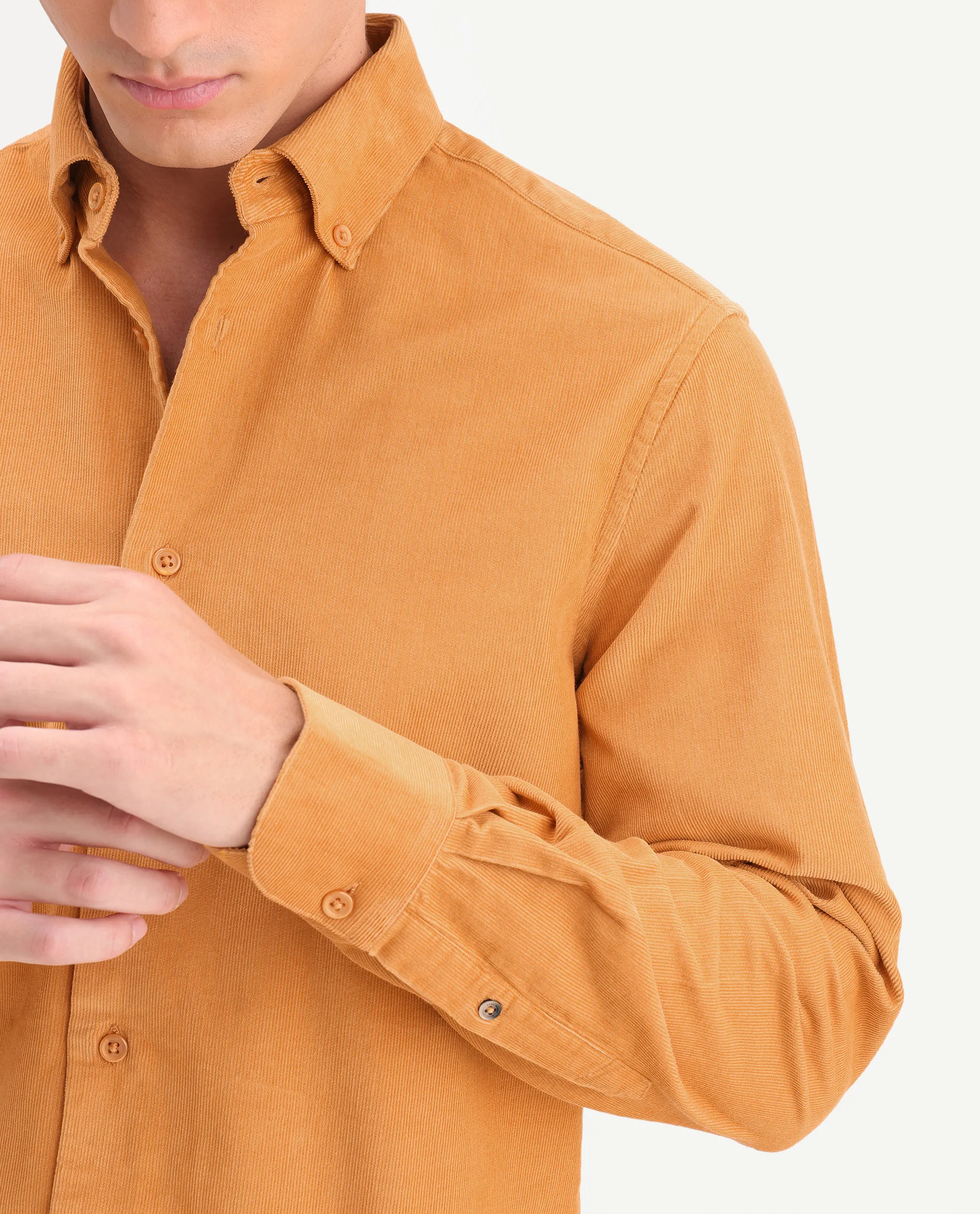 Rare Rabbit Men's Buita-On Mustard Cotton Fabric Button-Down Collar Regular Fit Plain Shirt - Image 3