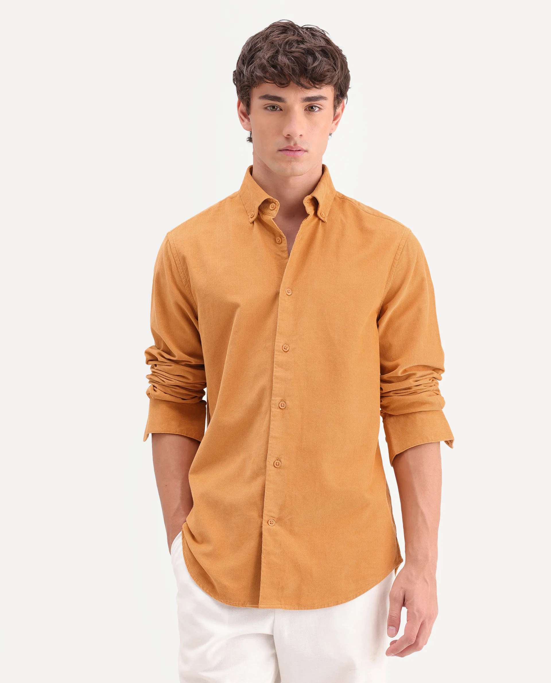 Rare Rabbit Men's Buita-On Mustard Cotton Fabric Button-Down Collar Regular Fit Plain Shirt - Image 4