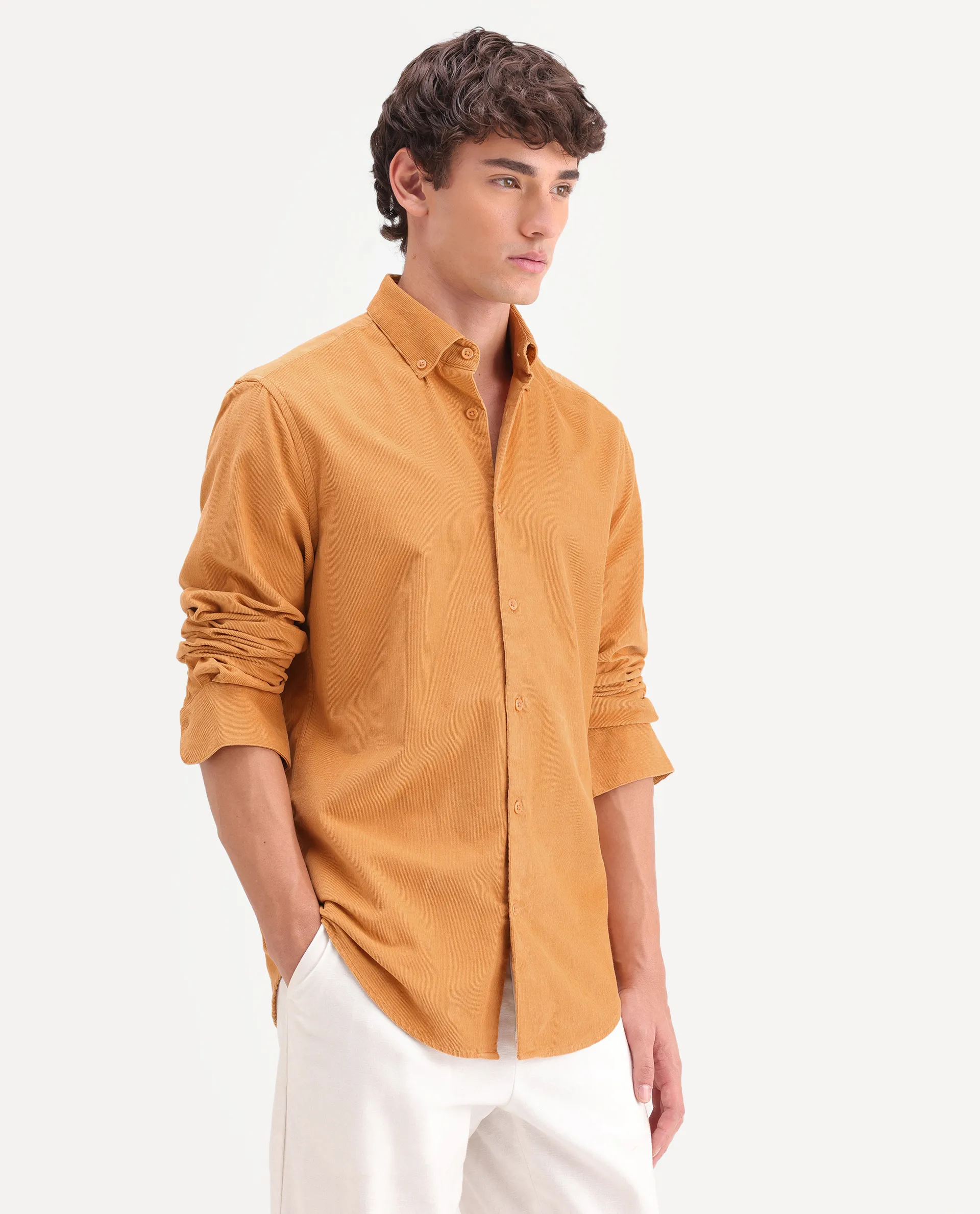 Rare Rabbit Men's Buita-On Mustard Cotton Fabric Button-Down Collar Regular Fit Plain Shirt - Image 5