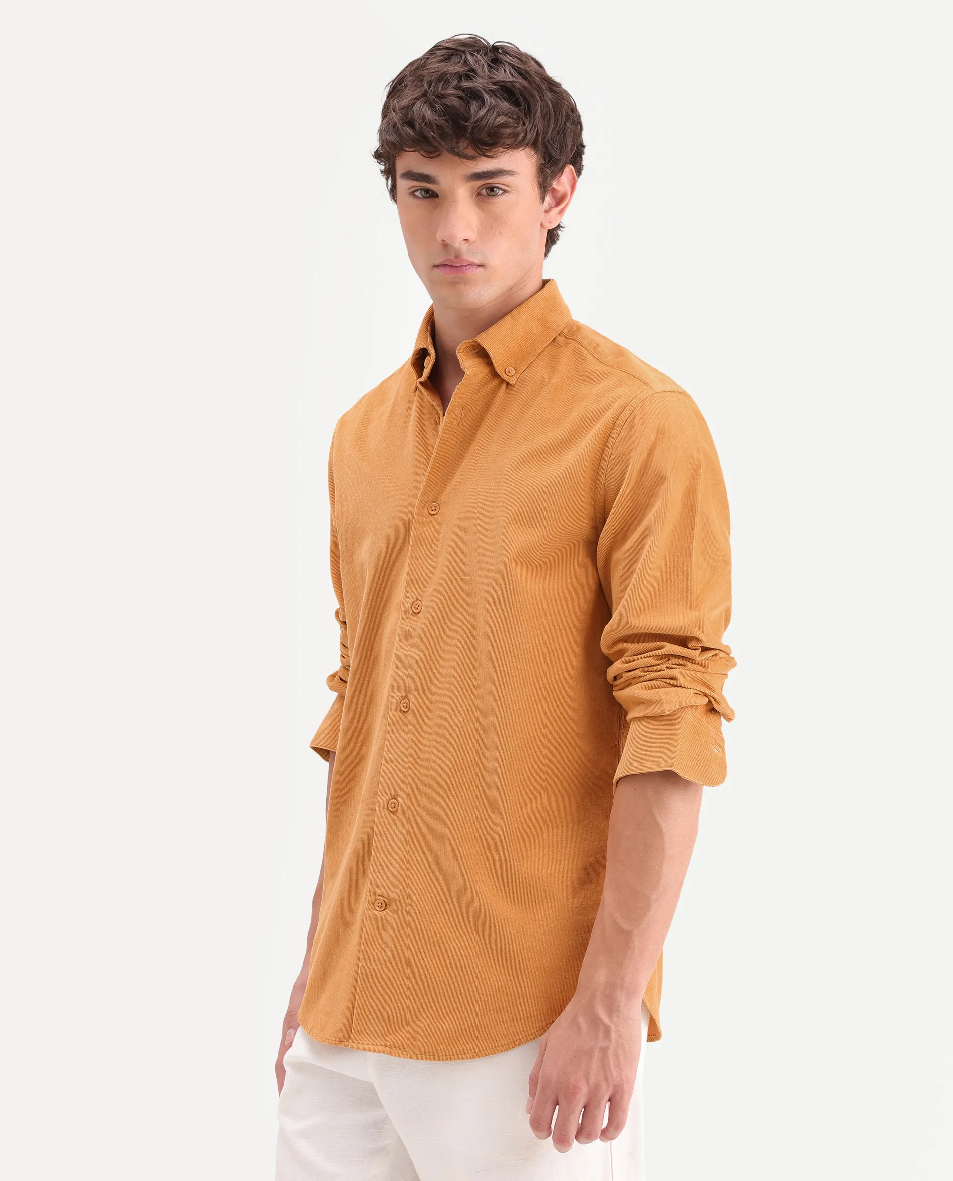 Rare Rabbit Men's Buita-On Mustard Cotton Fabric Button-Down Collar Regular Fit Plain Shirt - Image 6