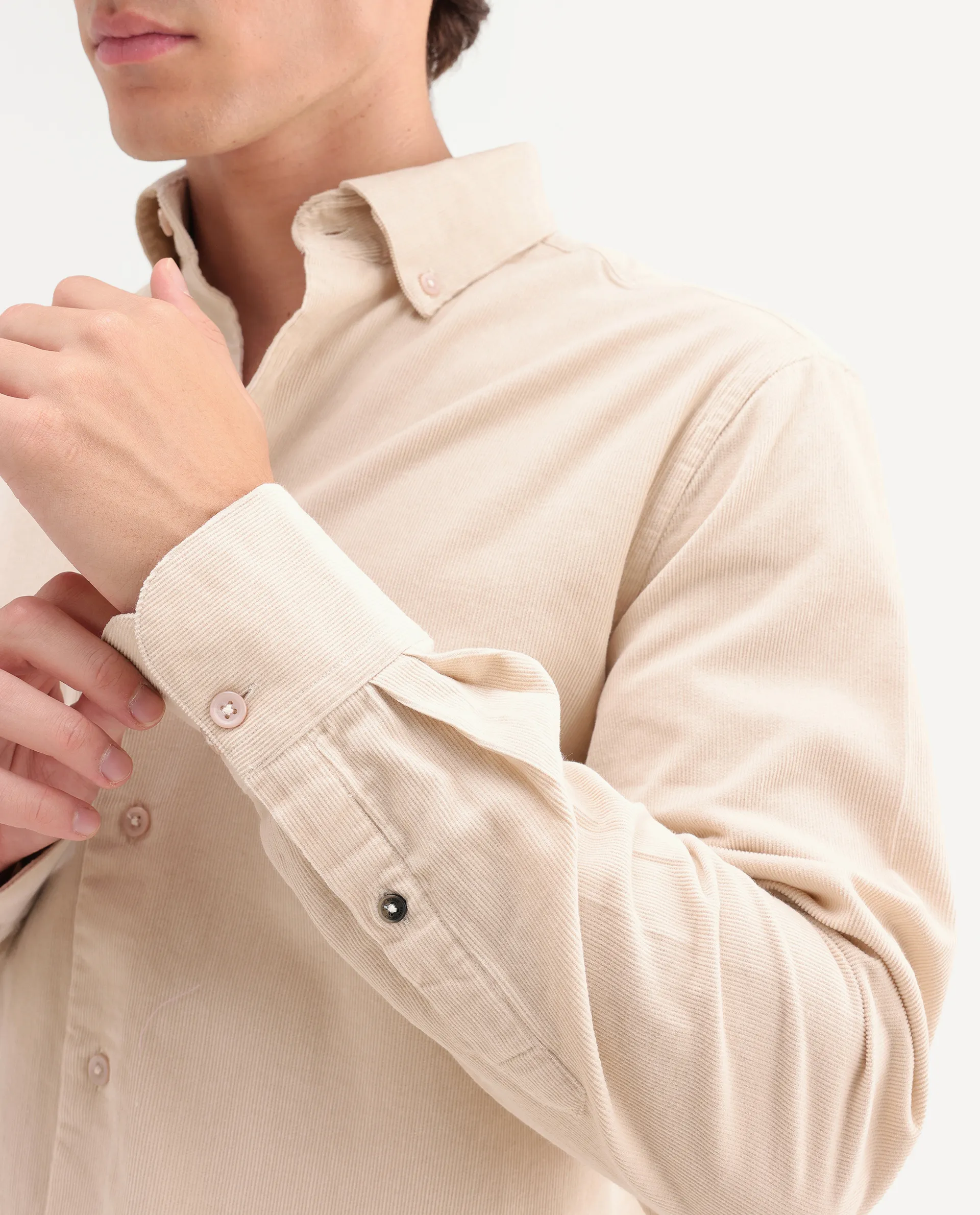 Rare Rabbit Men's Buita-On Off White Cotton Fabric Button-Down Collar Regular Fit Plain Shirt - Image 3