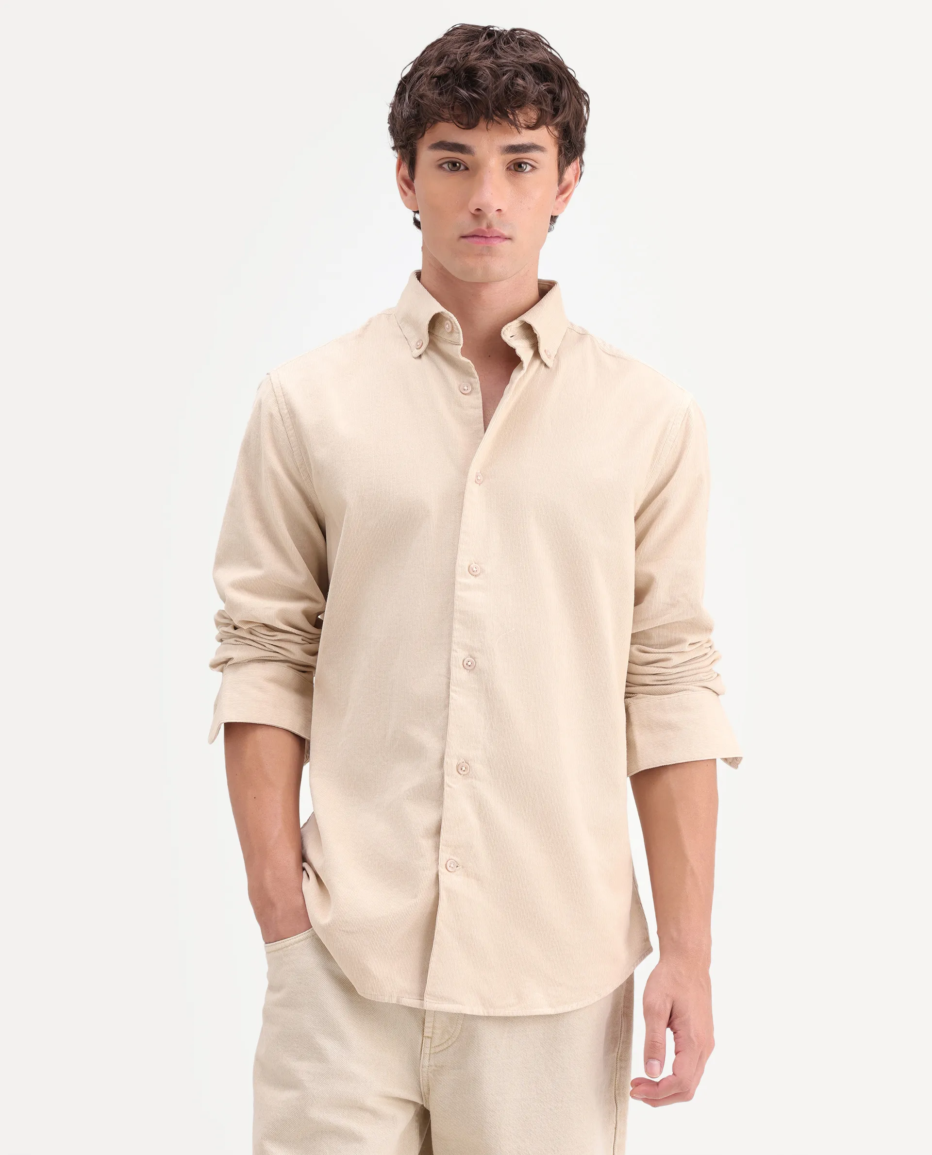 Rare Rabbit Men's Buita-On Off White Cotton Fabric Button-Down Collar Regular Fit Plain Shirt - Image 4