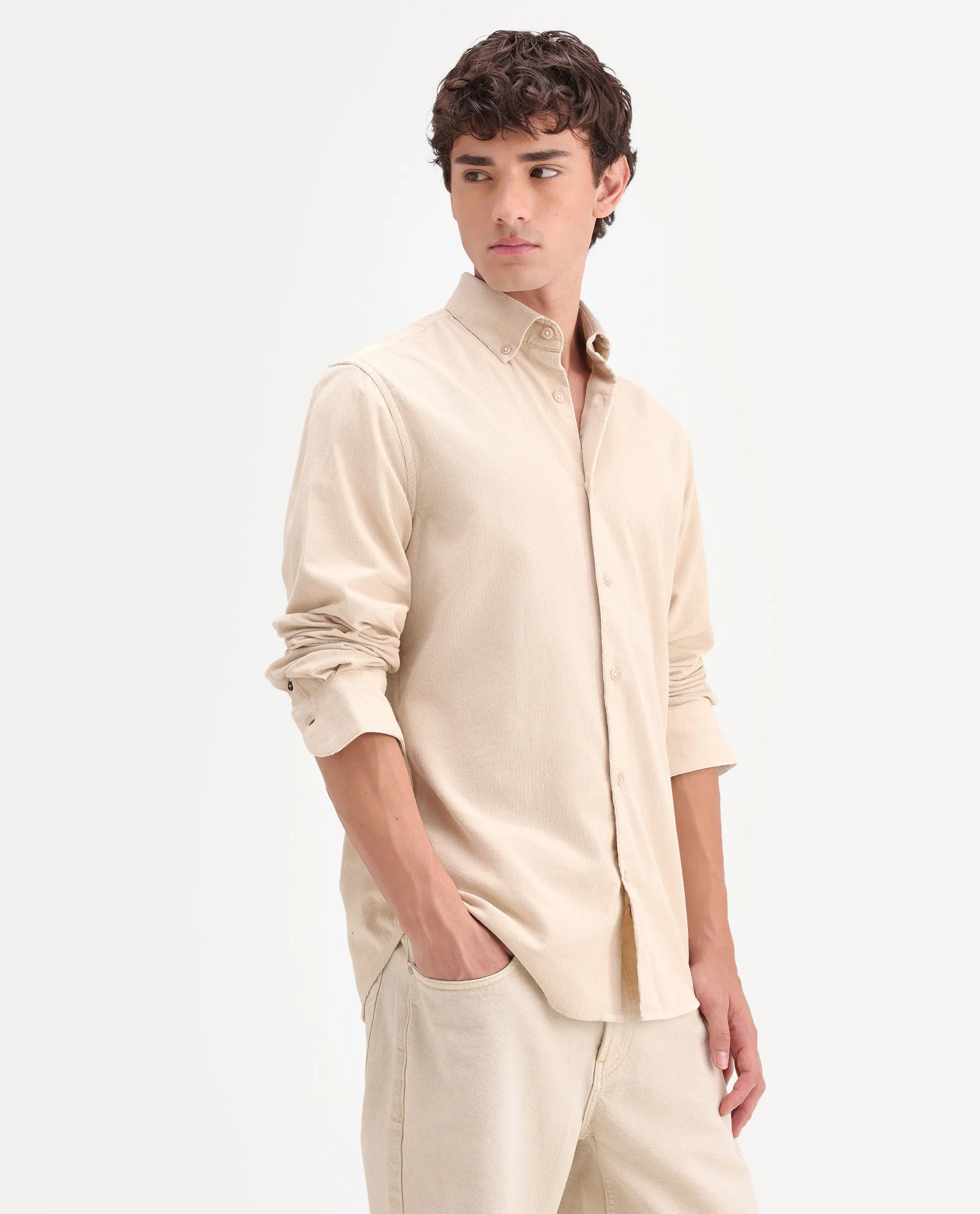 Rare Rabbit Men's Buita-On Off White Cotton Fabric Button-Down Collar Regular Fit Plain Shirt - Image 5