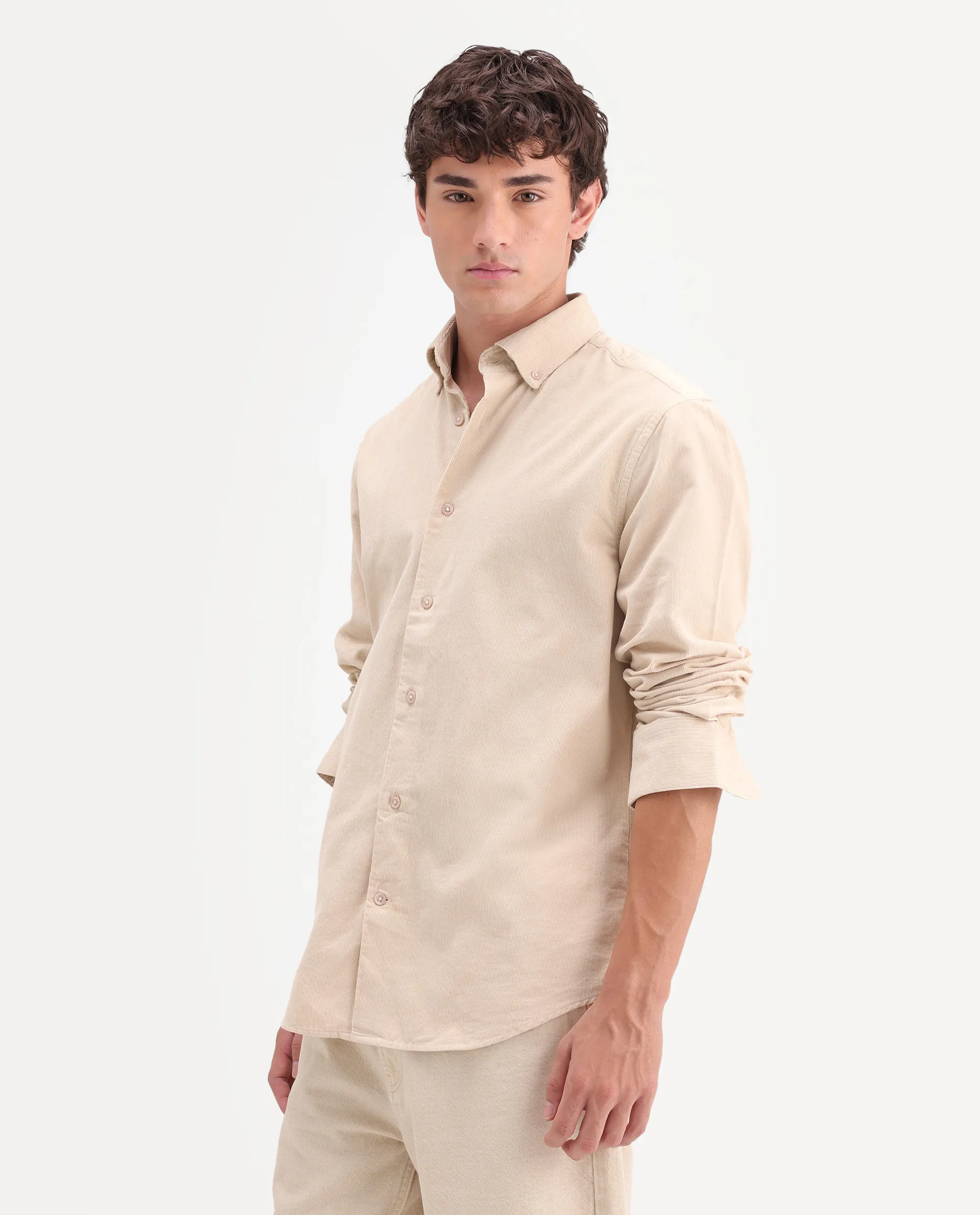 Rare Rabbit Men's Buita-On Off White Cotton Fabric Button-Down Collar Regular Fit Plain Shirt - Image 6