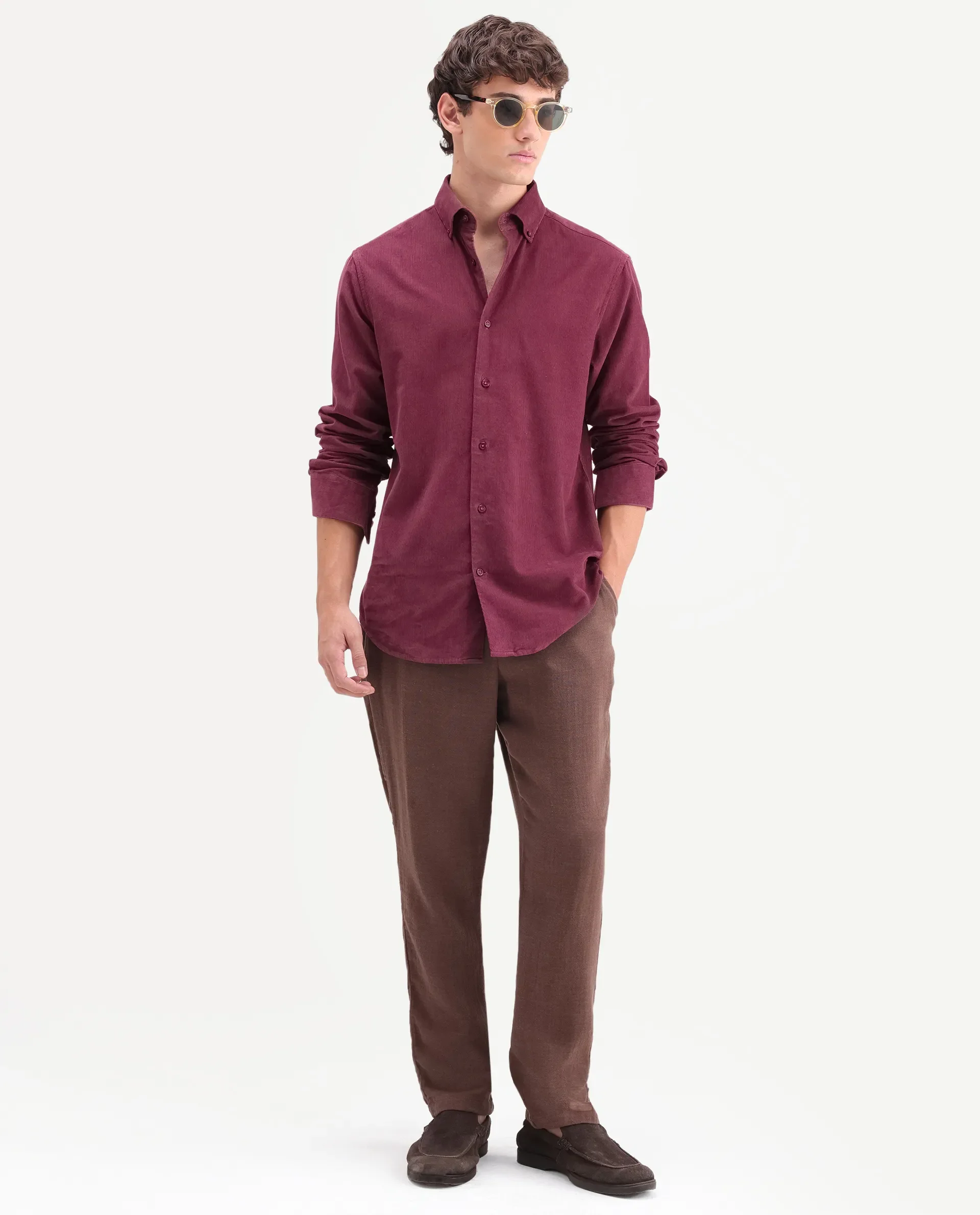 Rare Rabbit Men's Buita-On Red Cotton Fabric Button-Down Collar Regular Fit Plain Shirt - Image 2