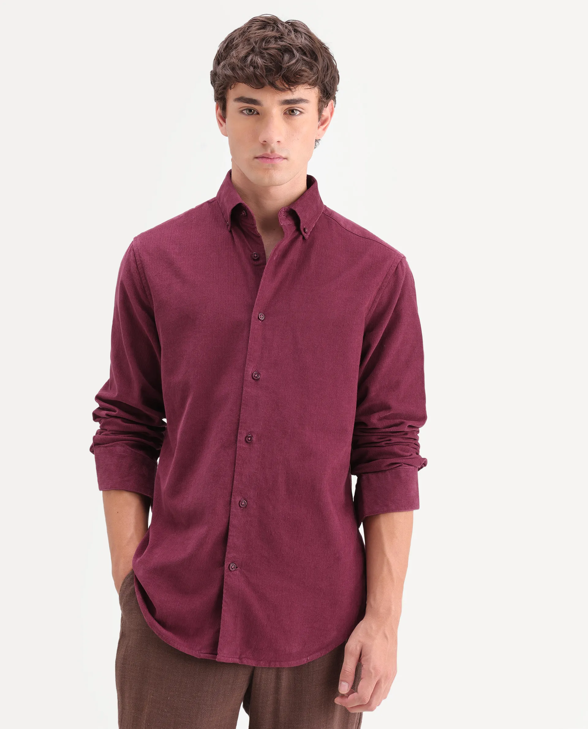 Rare Rabbit Men's Buita-On Red Cotton Fabric Button-Down Collar Regular Fit Plain Shirt - Image 4