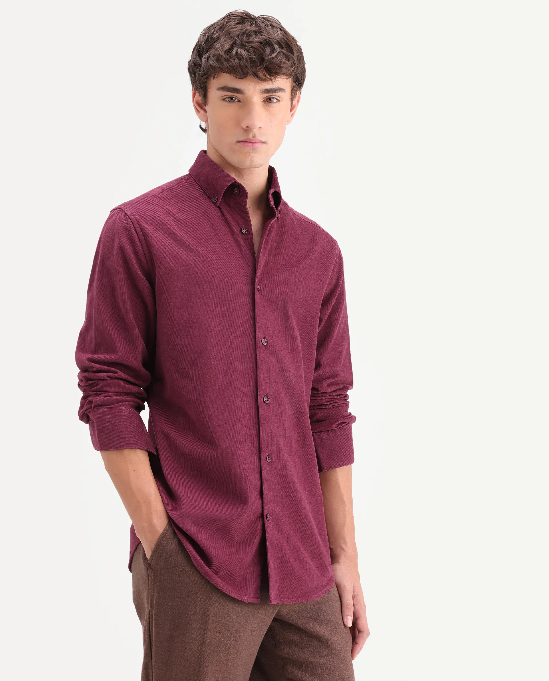 Rare Rabbit Men's Buita-On Red Cotton Fabric Button-Down Collar Regular Fit Plain Shirt - Image 5