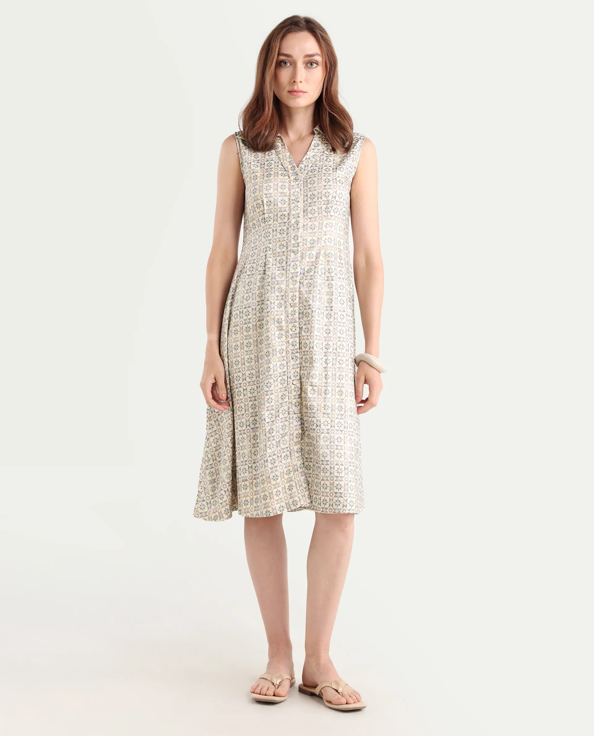 Rareism Women's Bujum Multi Linen Johnny Collar Geometric Print Sleeveless Midi A-Line Dress - Image 2