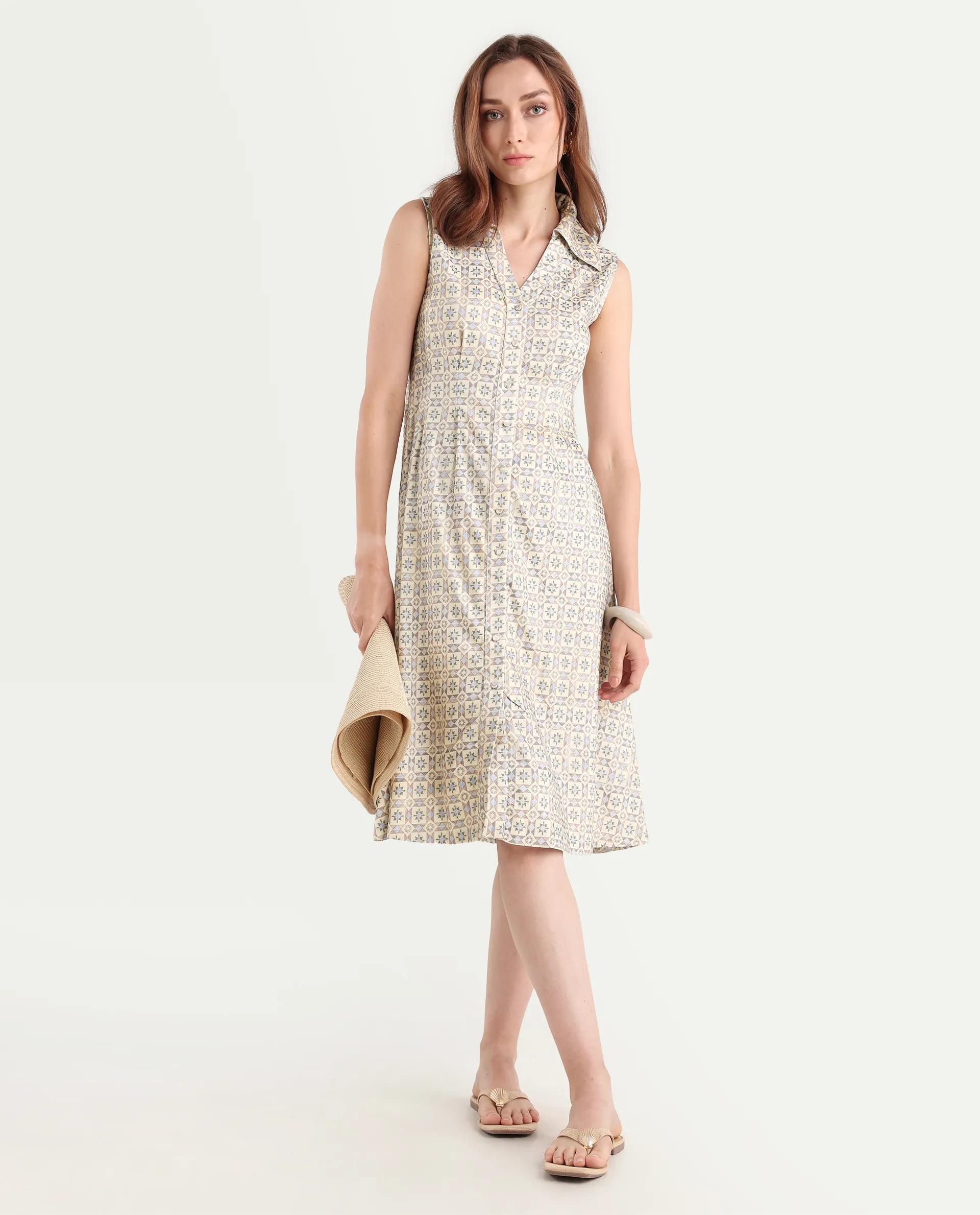 Rareism Women's Bujum Multi Linen Johnny Collar Geometric Print Sleeveless Midi A-Line Dress - Image 3