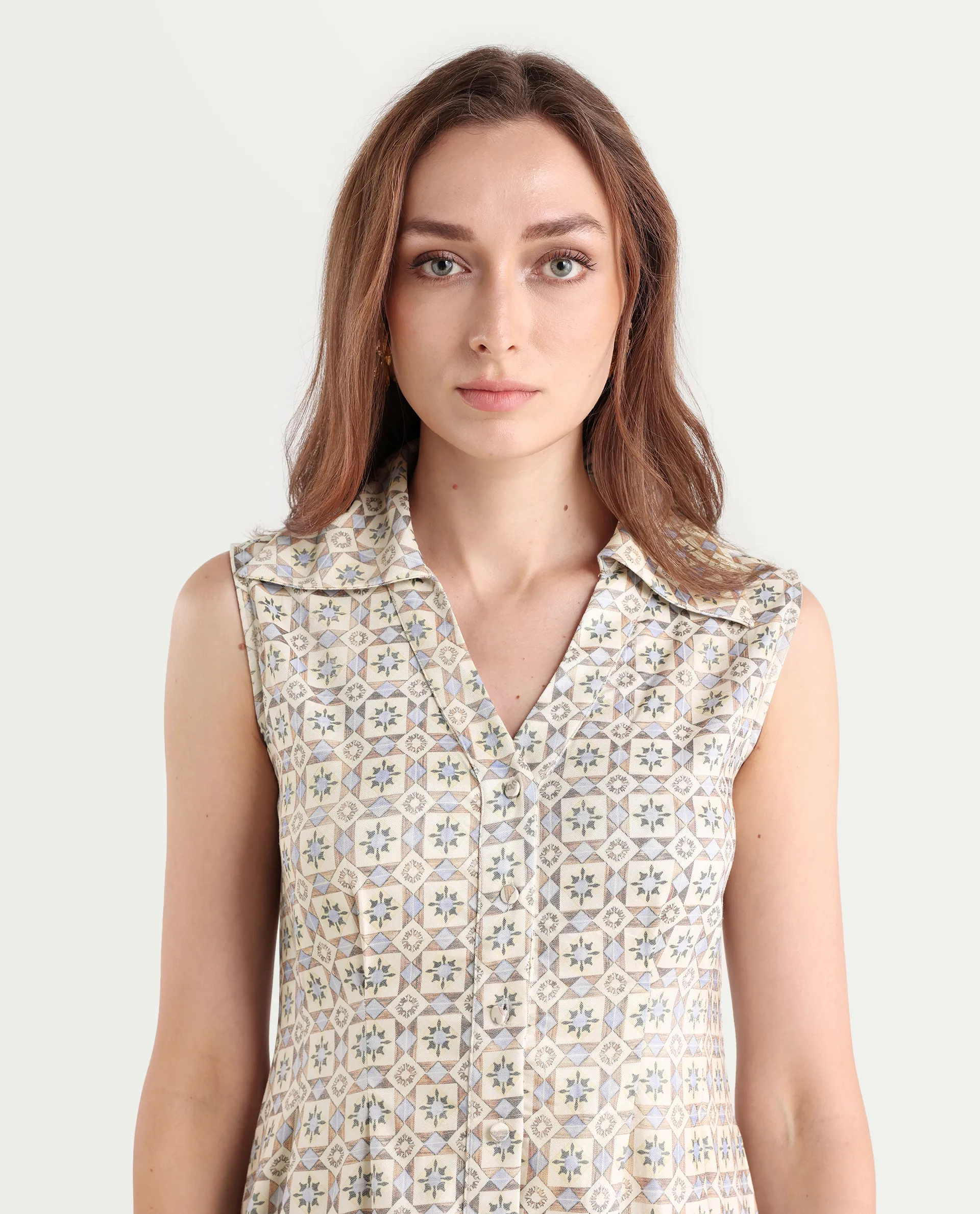 Rareism Women's Bujum Multi Linen Johnny Collar Geometric Print Sleeveless Midi A-Line Dress - Image 4