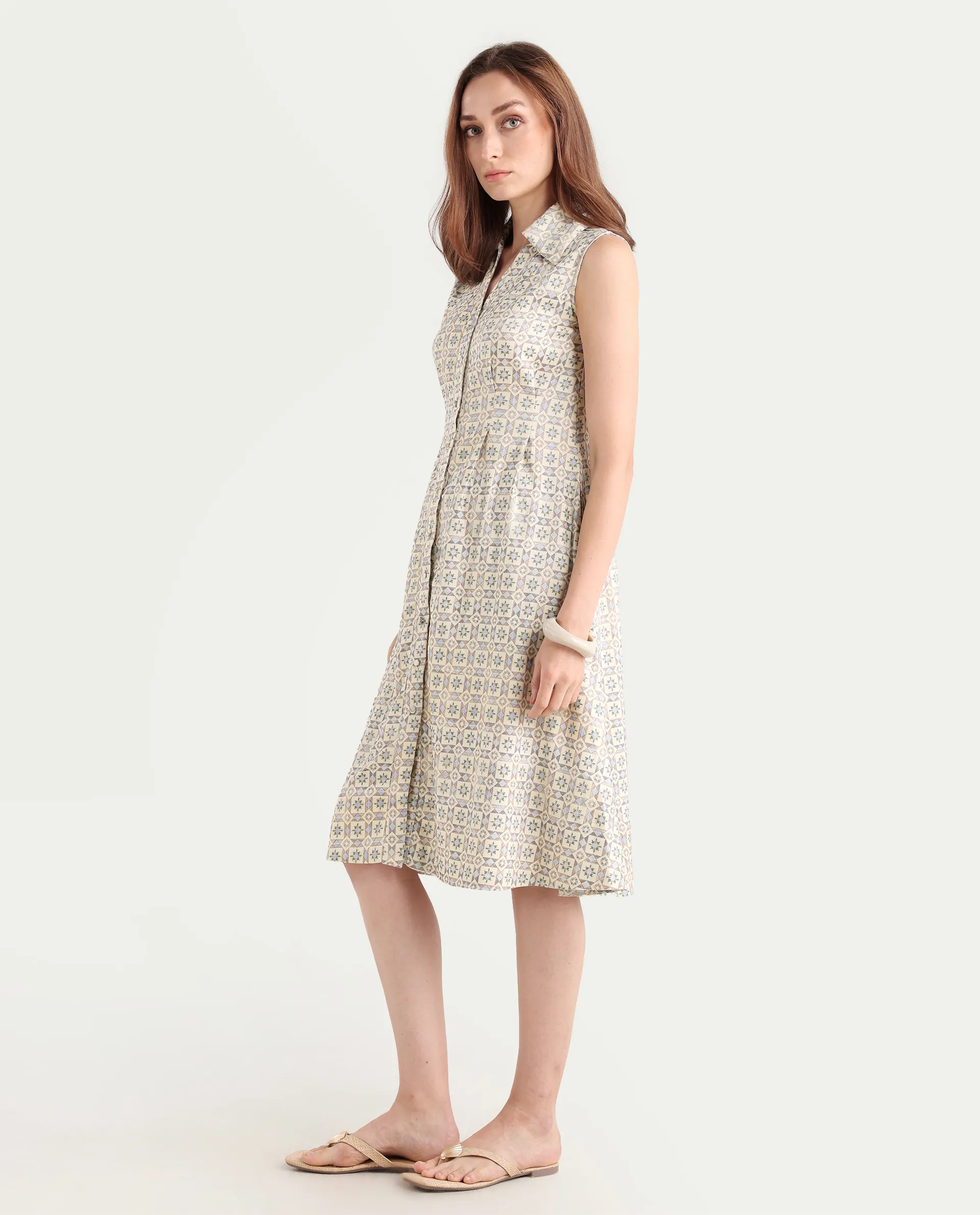 Rareism Women's Bujum Multi Linen Johnny Collar Geometric Print Sleeveless Midi A-Line Dress - Image 6