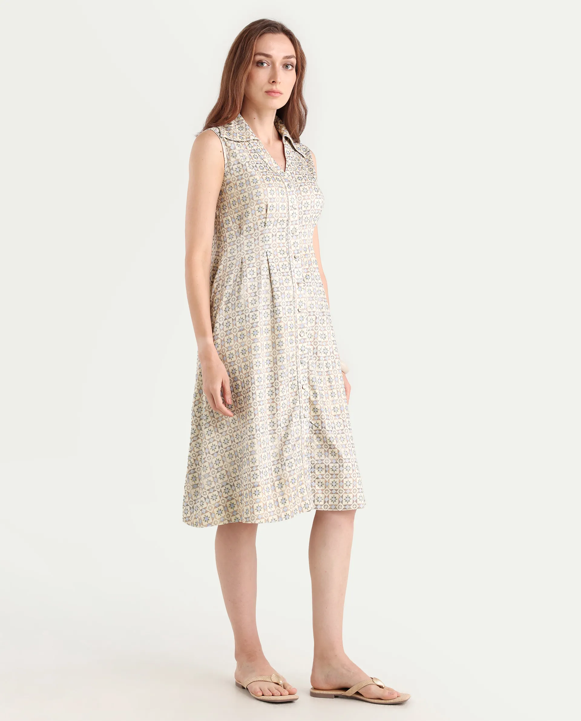 Rareism Women's Bujum Multi Linen Johnny Collar Geometric Print Sleeveless Midi A-Line Dress - Image 7