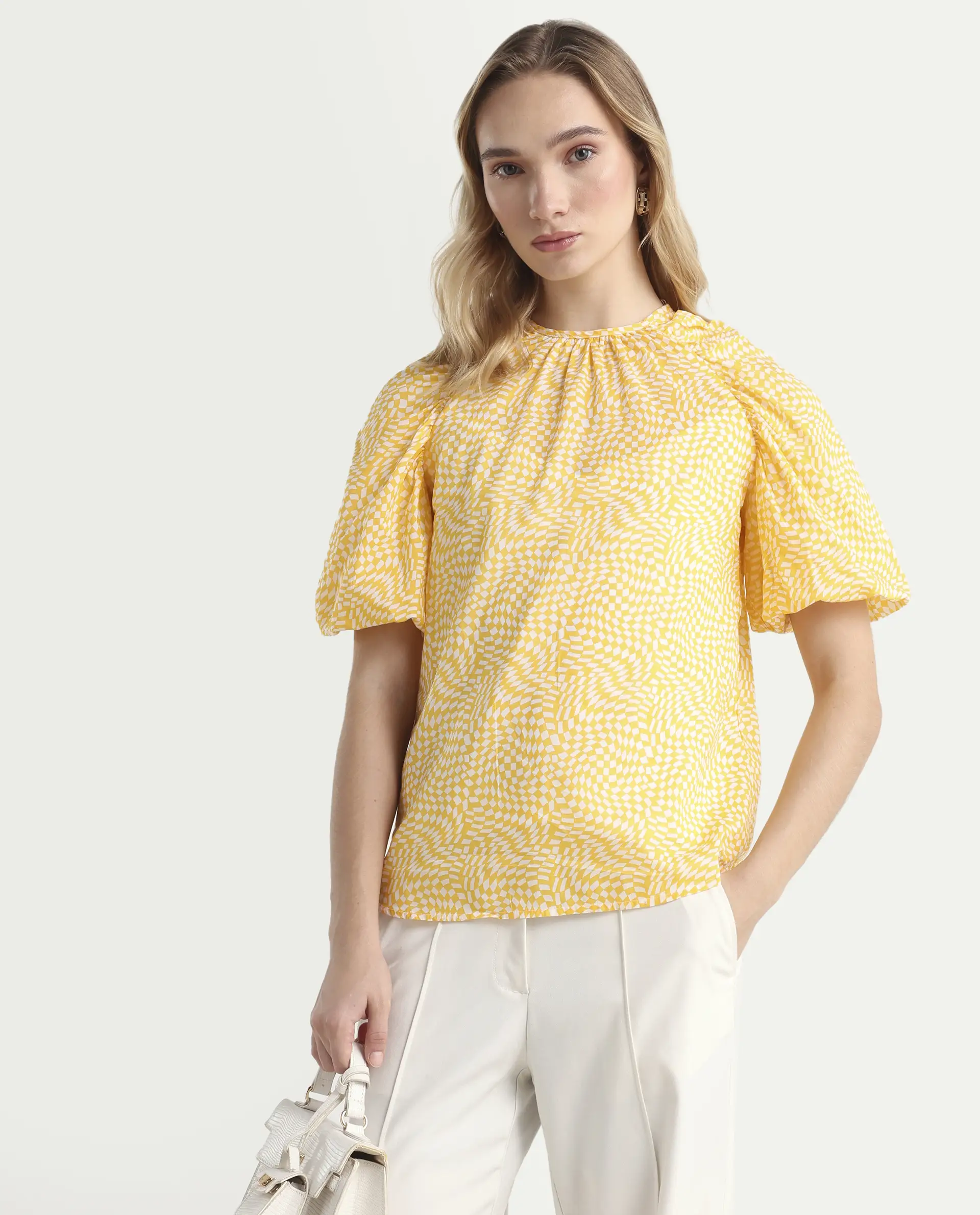 Rareism Women's Bulbine Yellow Cotton Crew Neck Geometric Print Extended Sleeves Regular Fit Top
