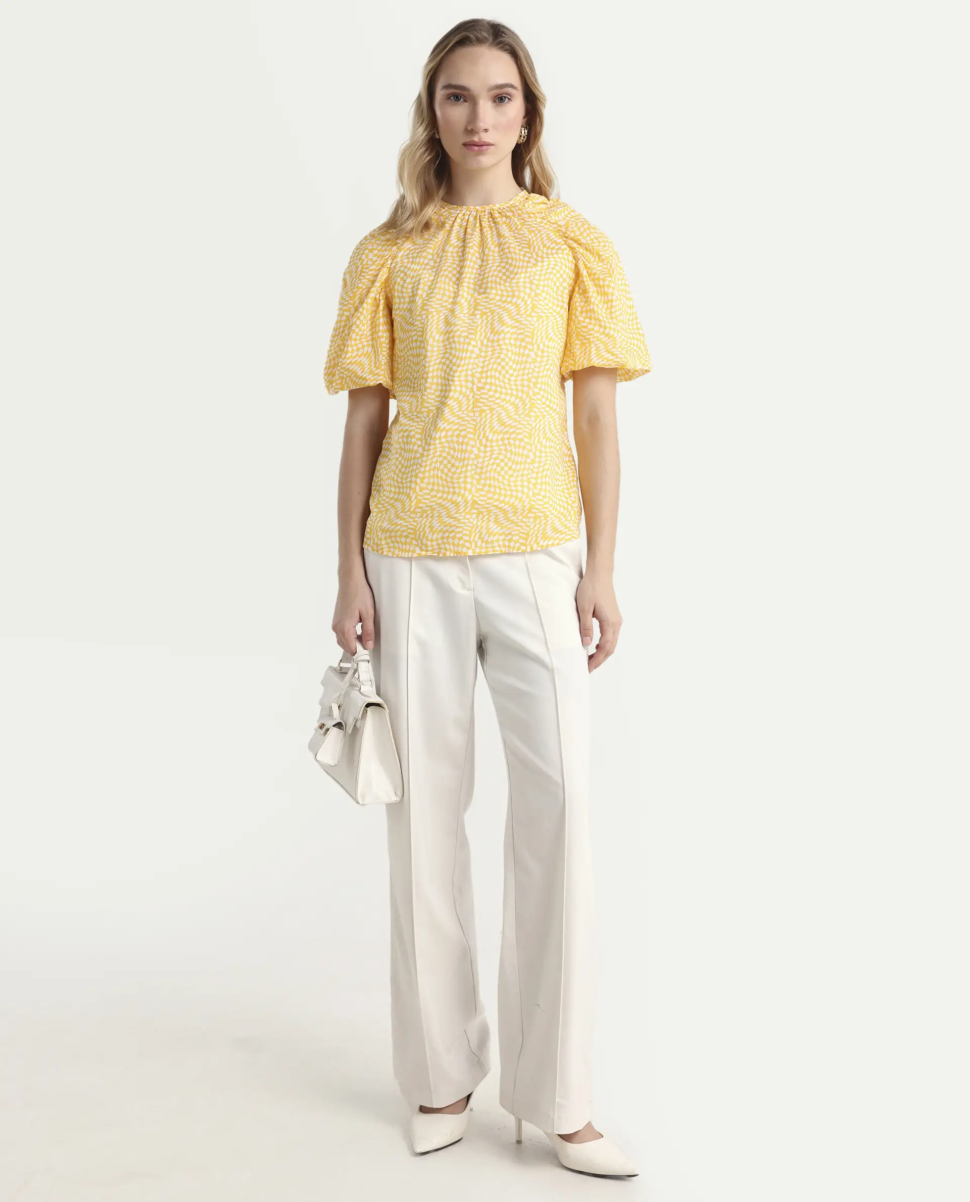 Rareism Women's Bulbine Yellow Cotton Crew Neck Geometric Print Extended Sleeves Regular Fit Top - Image 2