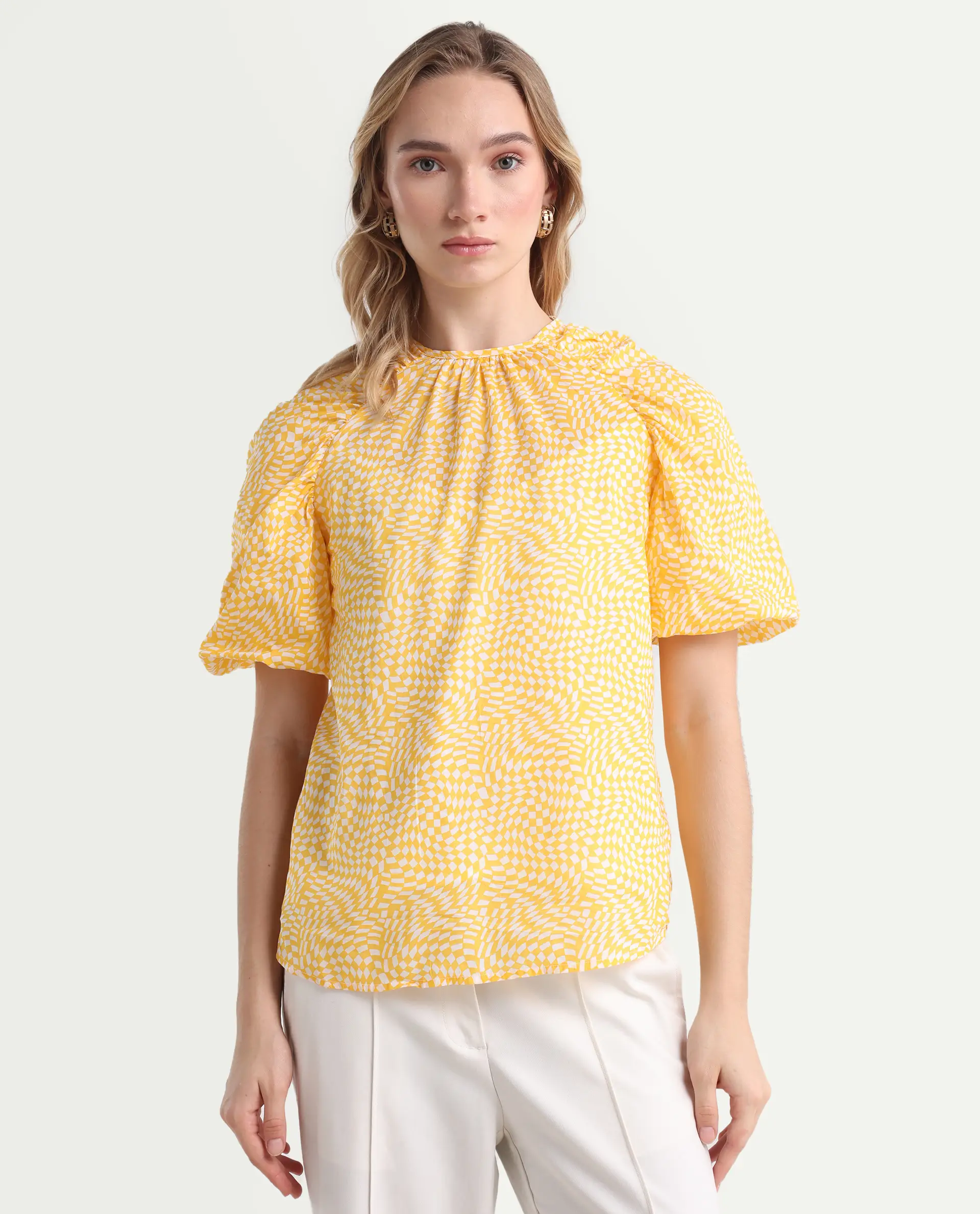 Rareism Women's Bulbine Yellow Cotton Crew Neck Geometric Print Extended Sleeves Regular Fit Top - Image 3
