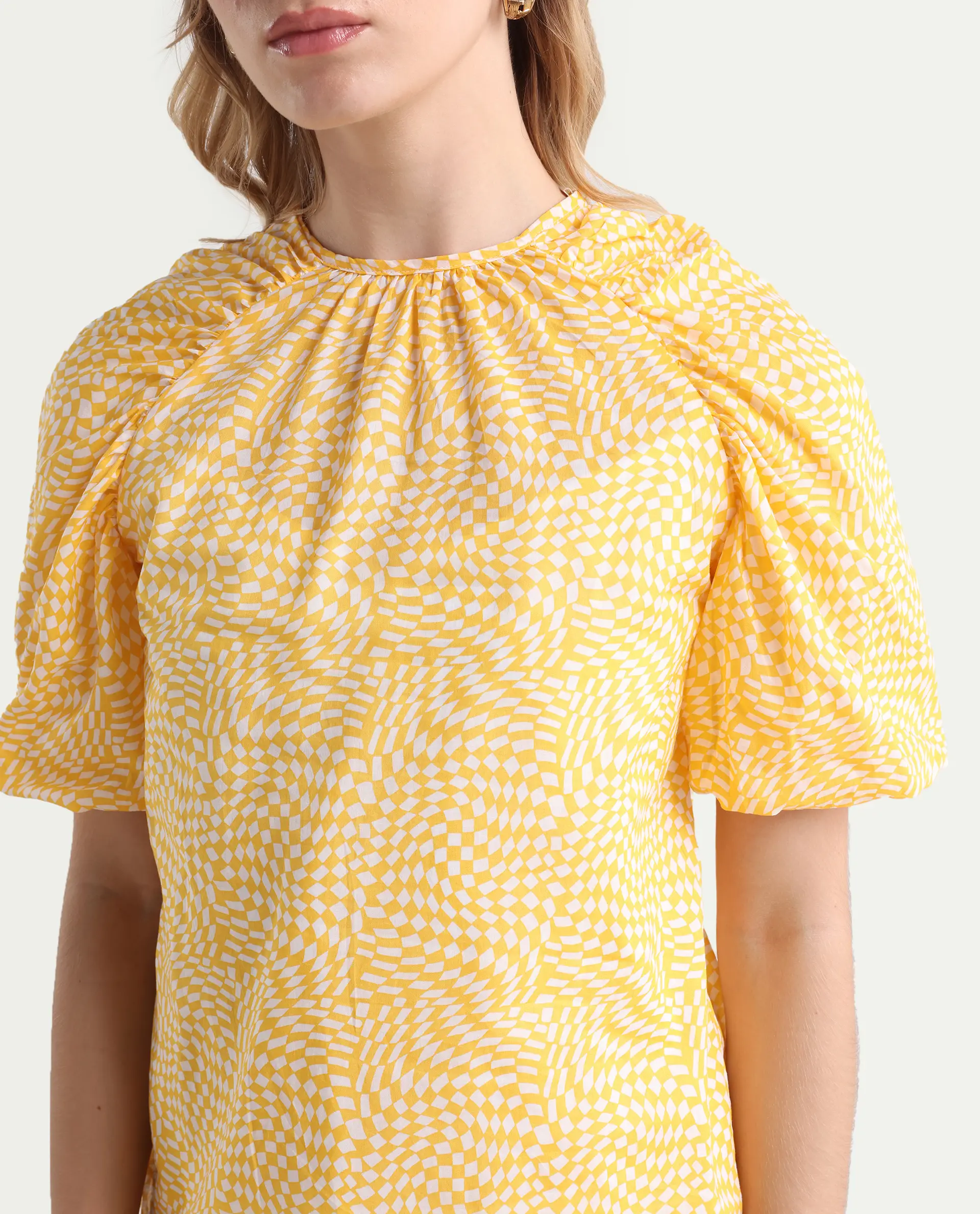 Rareism Women's Bulbine Yellow Cotton Crew Neck Geometric Print Extended Sleeves Regular Fit Top - Image 4