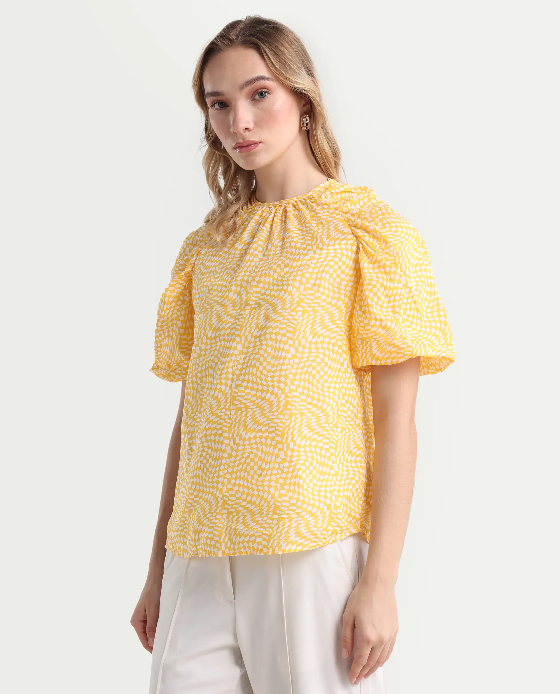 Rareism Women's Bulbine Yellow Cotton Crew Neck Geometric Print Extended Sleeves Regular Fit Top - Image 5
