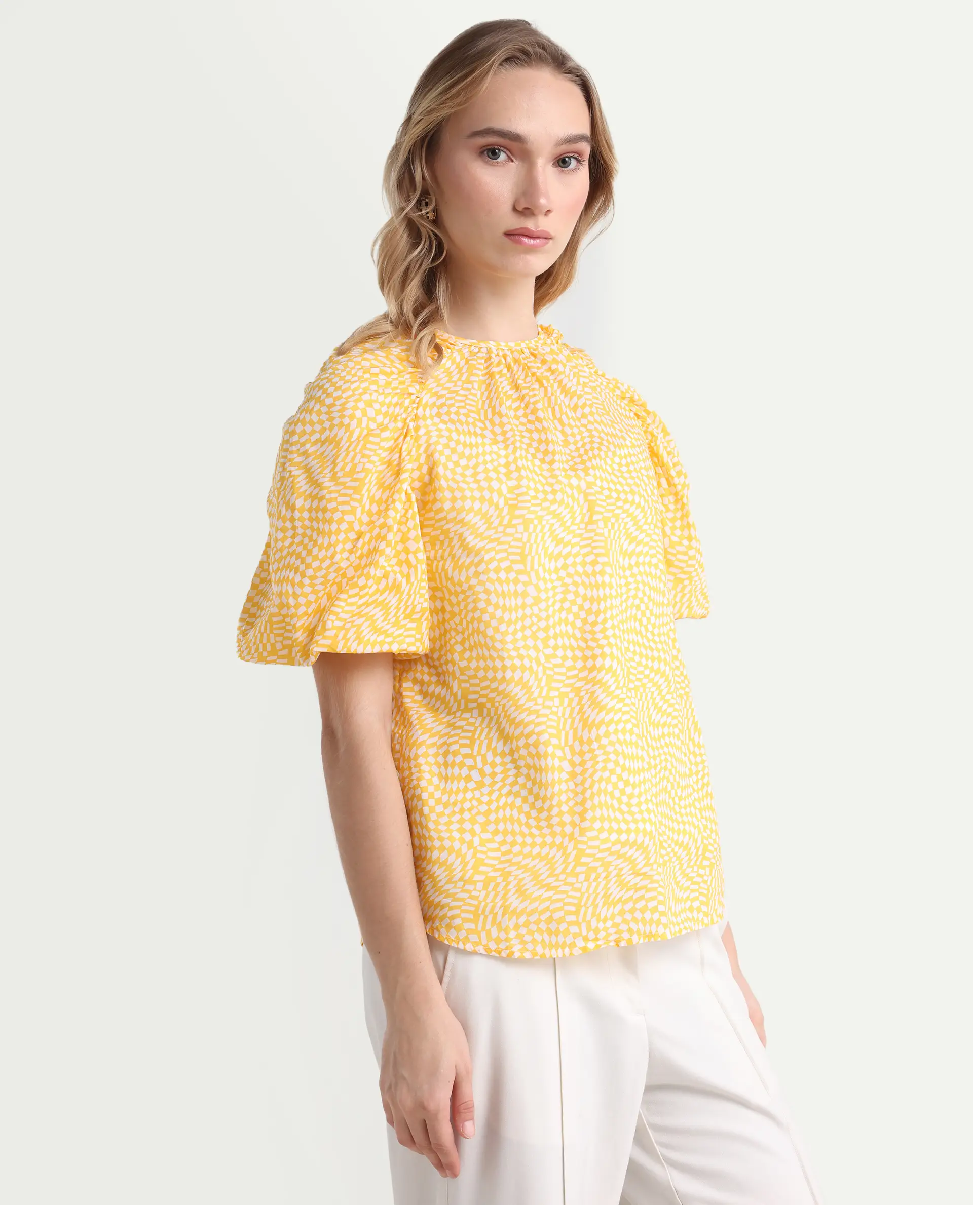 Rareism Women's Bulbine Yellow Cotton Crew Neck Geometric Print Extended Sleeves Regular Fit Top - Image 6