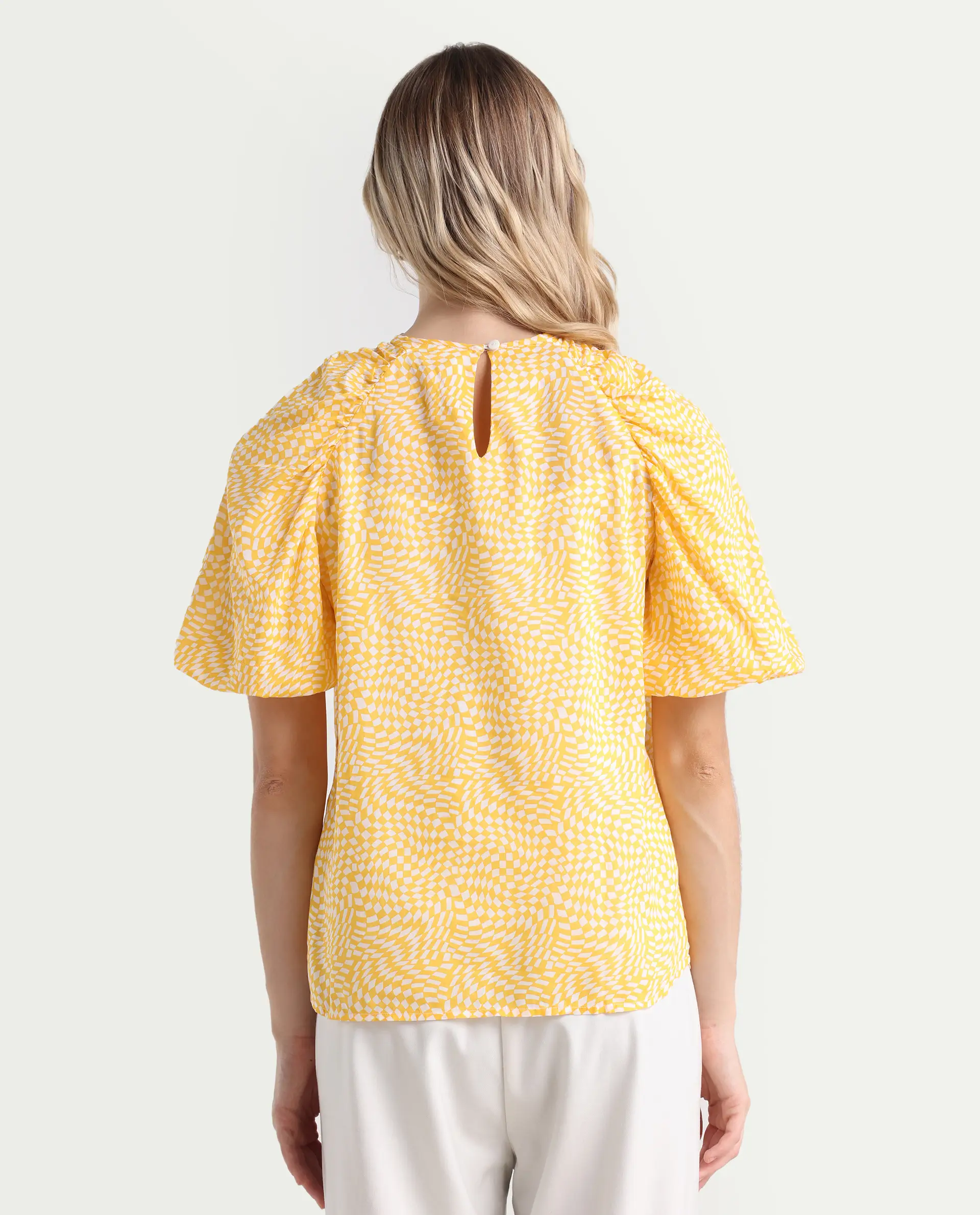 Rareism Women's Bulbine Yellow Cotton Crew Neck Geometric Print Extended Sleeves Regular Fit Top - Image 7