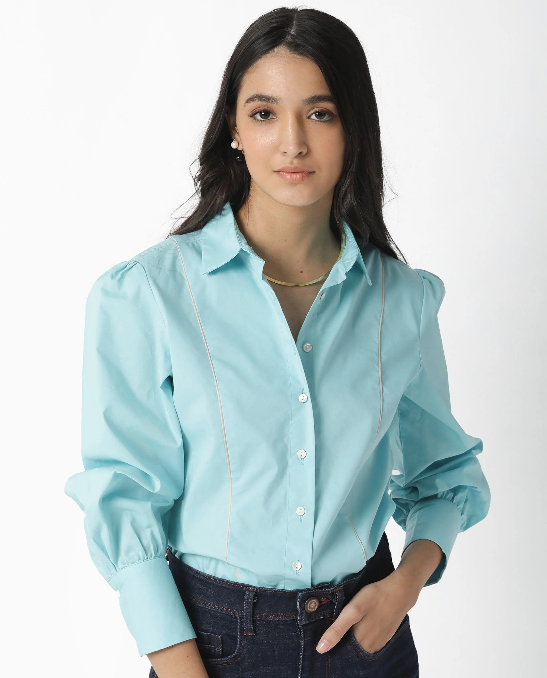 Rareism Women's Bumble Blue Cotton Blend Spread Collar Plain Cuffed Sleeve Regular Fit Top