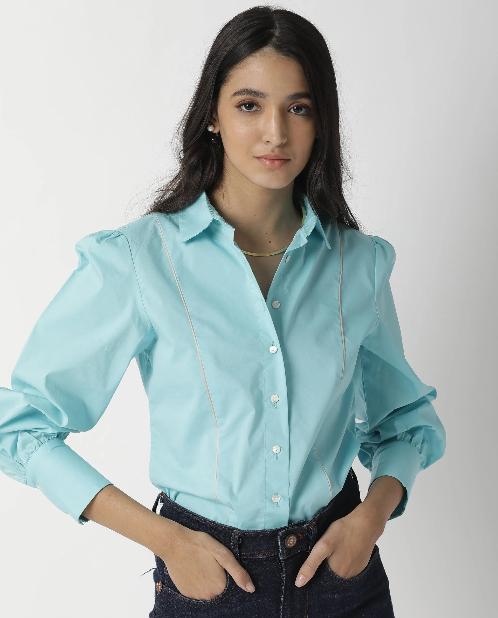 Rareism Women's Bumble Blue Cotton Blend Spread Collar Plain Cuffed Sleeve Regular Fit Top - Image 10