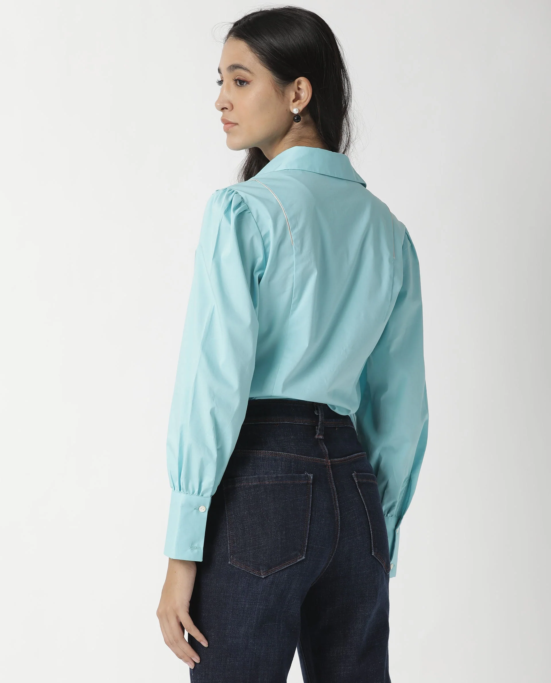 Rareism Women's Bumble Blue Cotton Blend Spread Collar Plain Cuffed Sleeve Regular Fit Top - Image 11